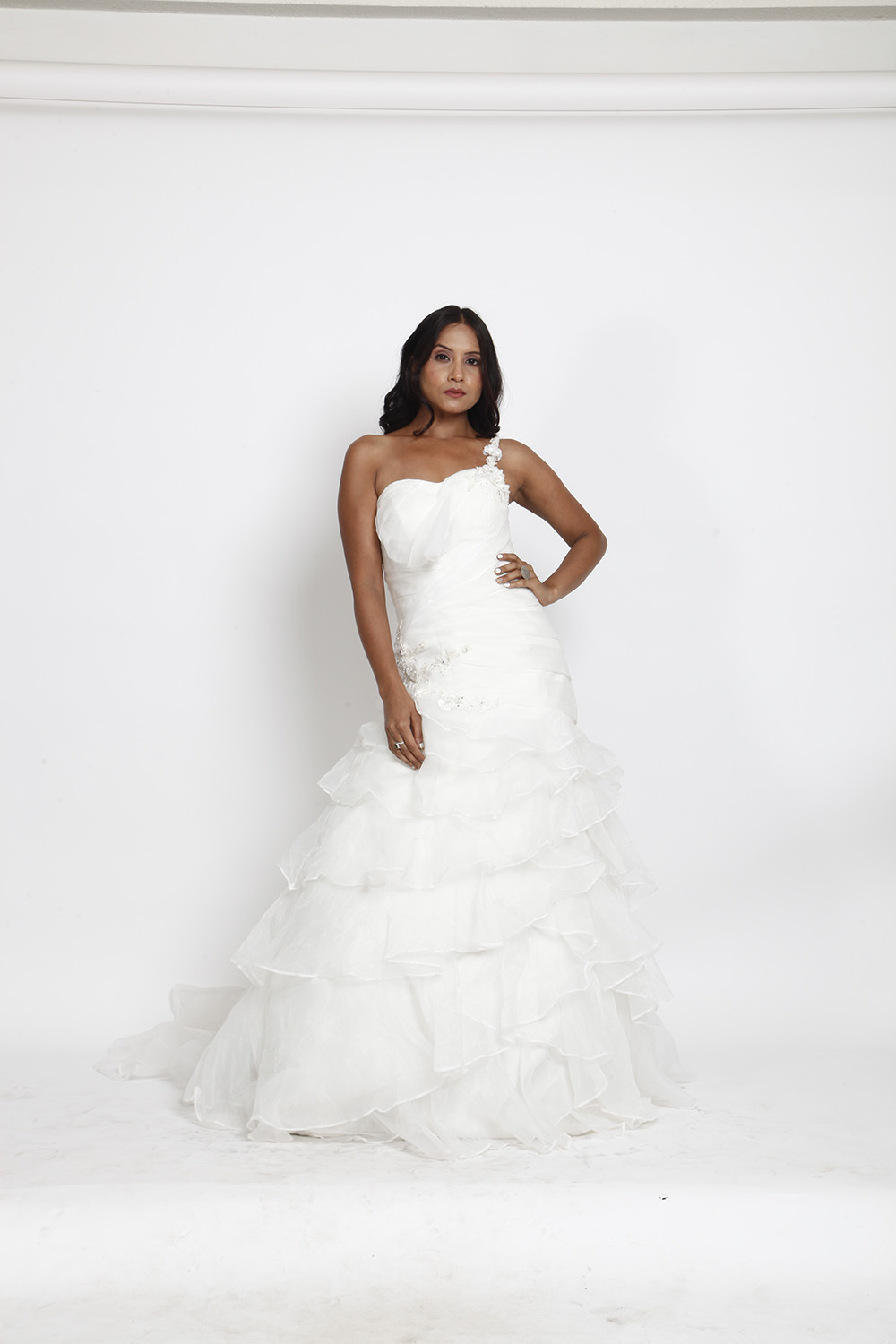 Strapless Ruffled Layered White Bridal Gown 