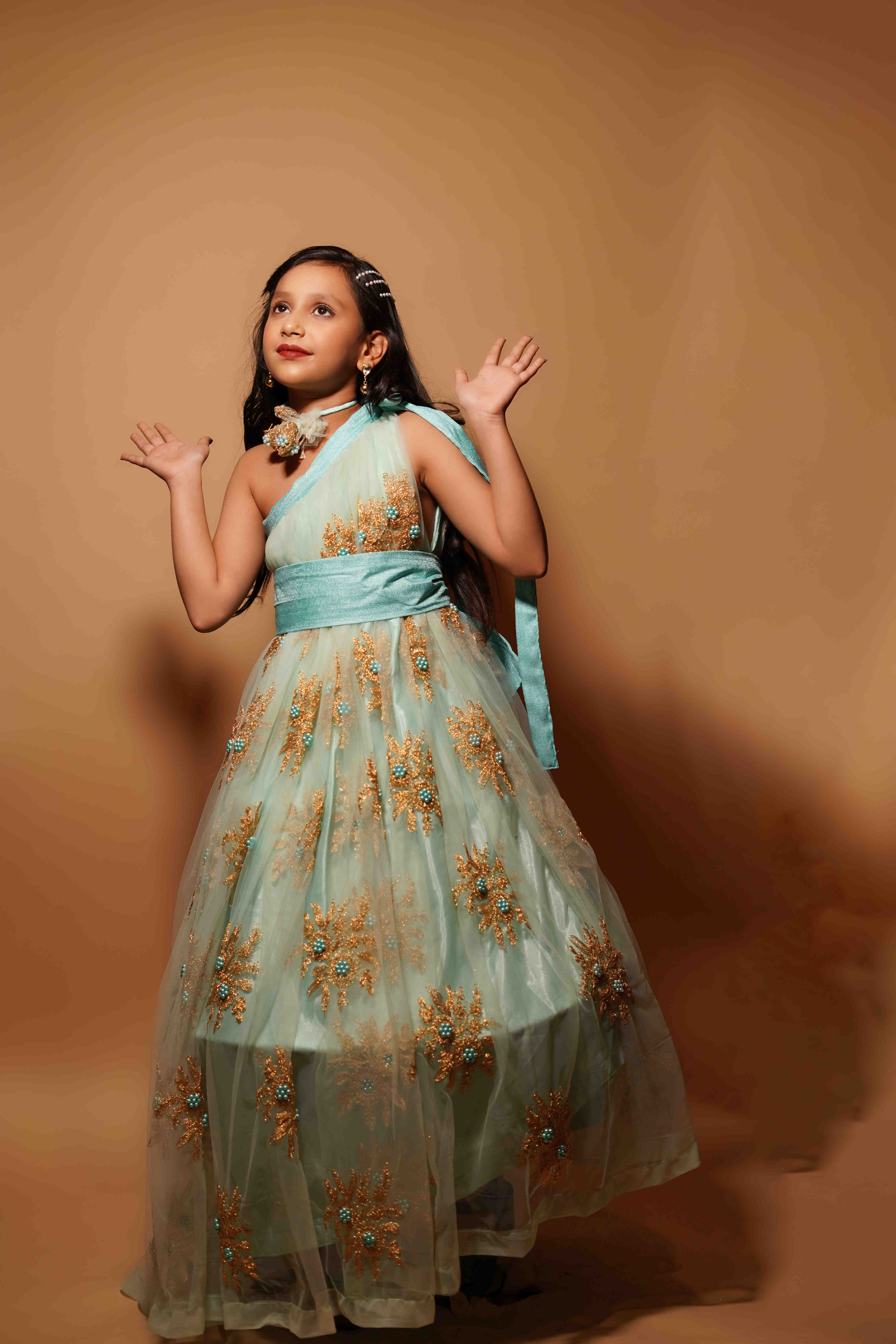 Girls Party Wear One-Shoulder Gown � Aqua Blue & Golden Embroidery