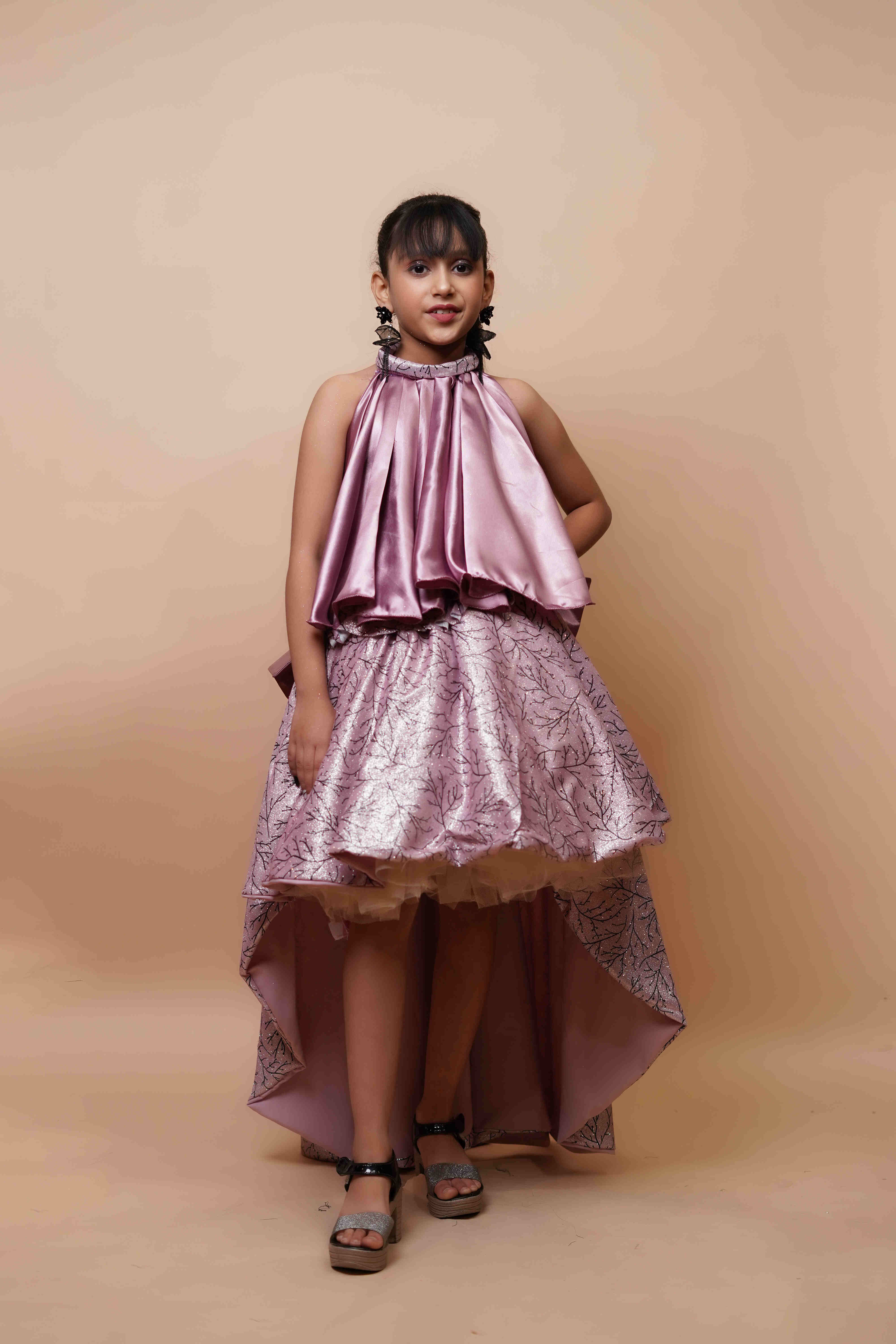 Girls Designer High-Low Party Dress � Metallic Lilac Satin Finish