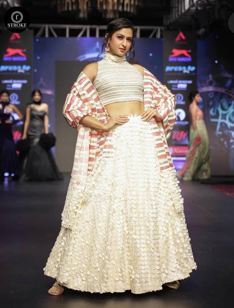 Designer White Embellished Lehenga Choli with Striped Cape Jacket