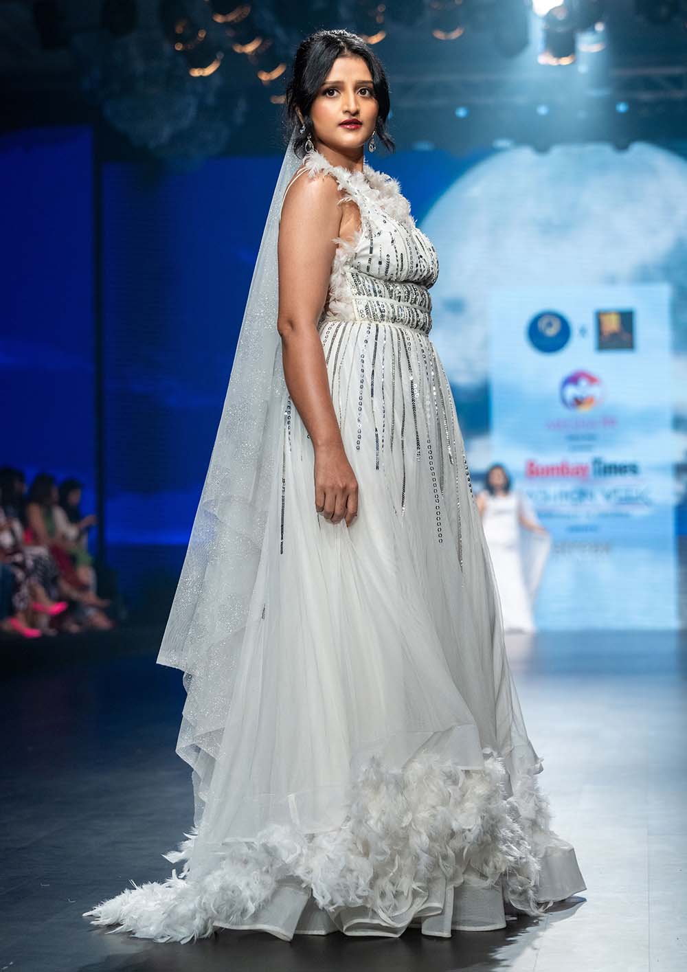 White Feather Detailing Designer Gown with Sequin Work