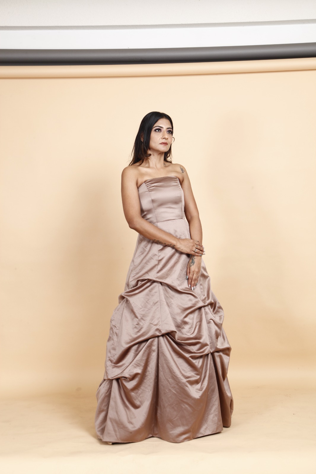 Champagne Strapless Ruched Evening Gown