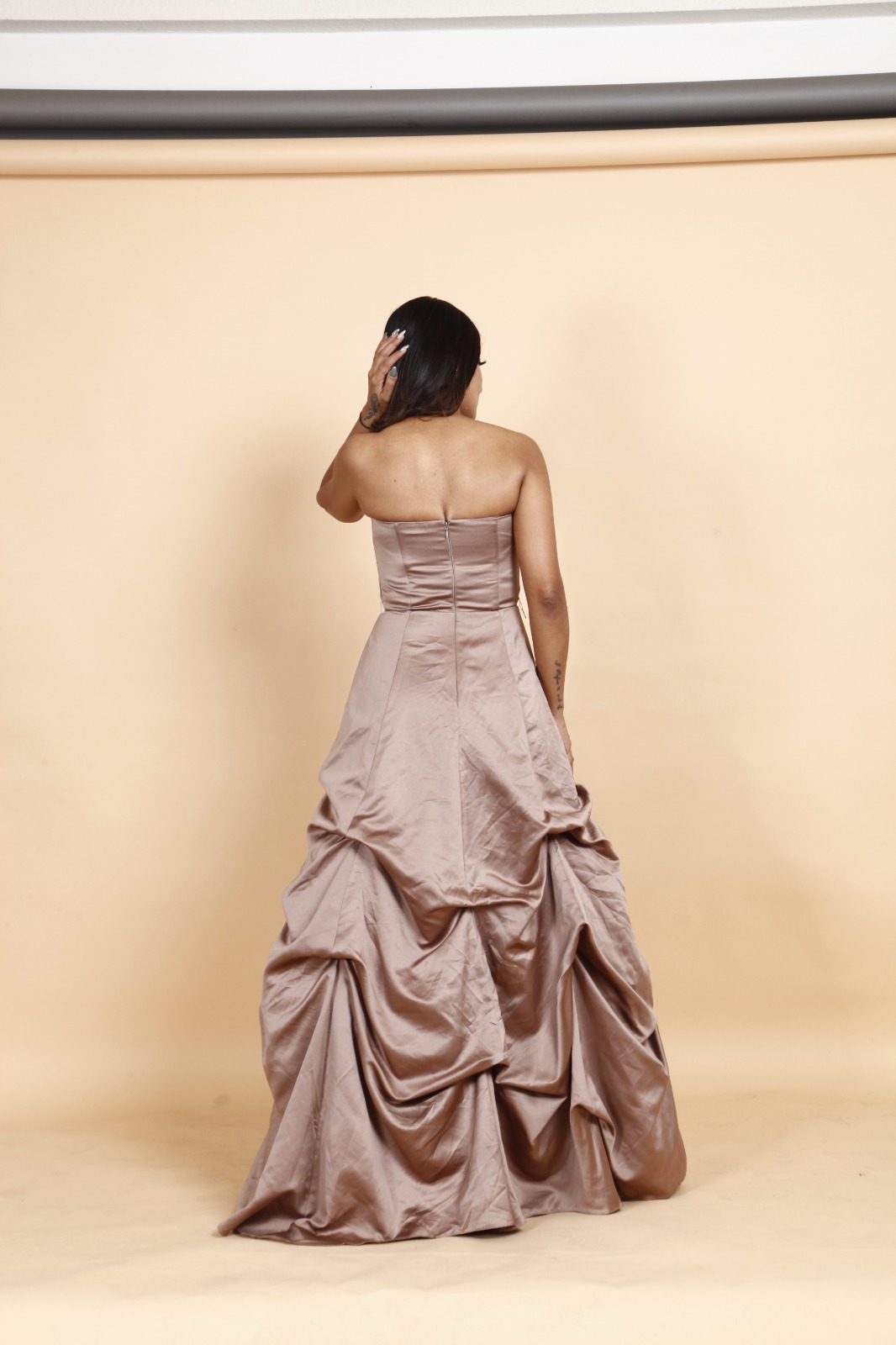 Champagne Strapless Ruched Evening Gown