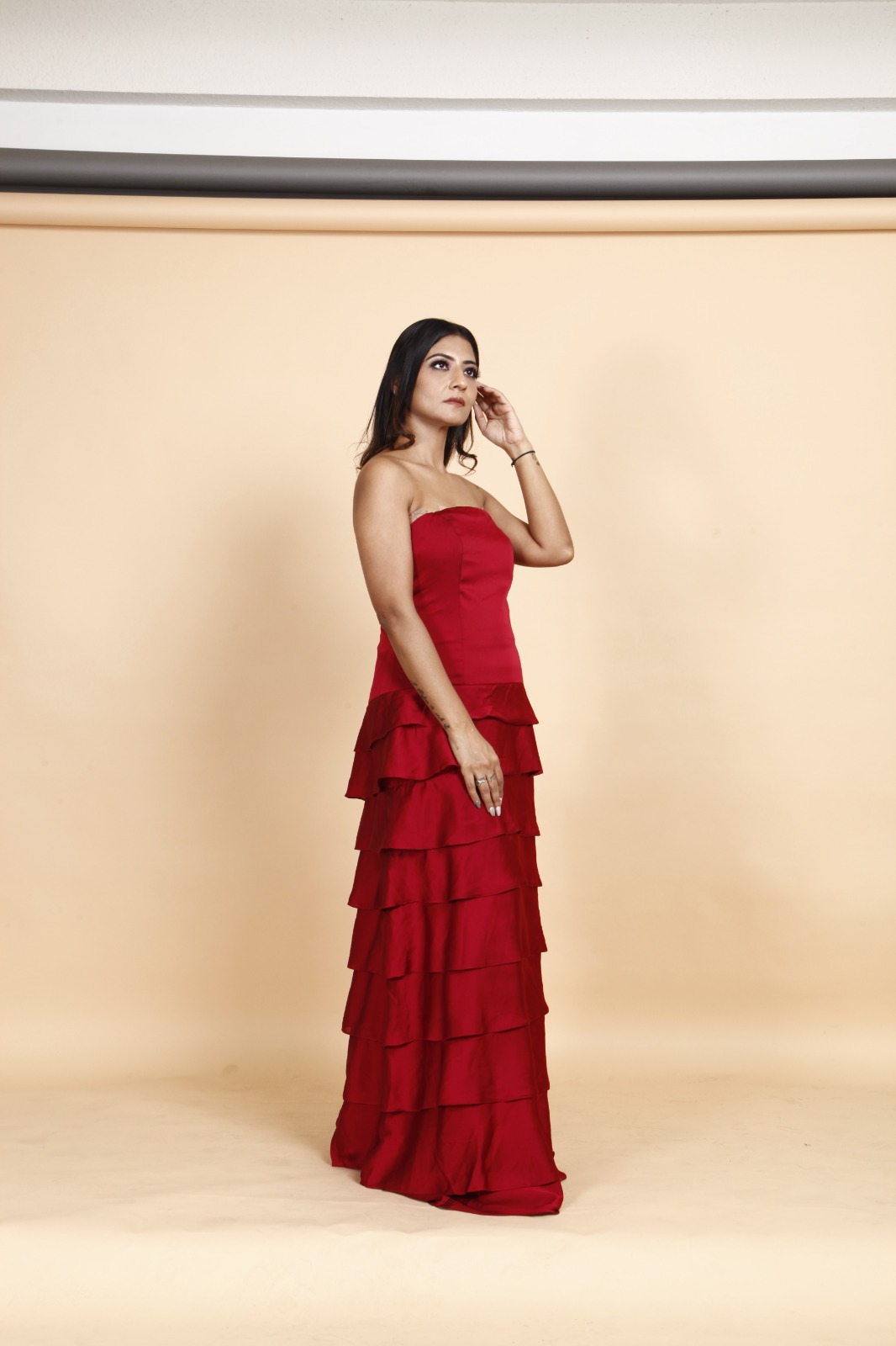 Crimson Red Layered Strapless Evening Gown