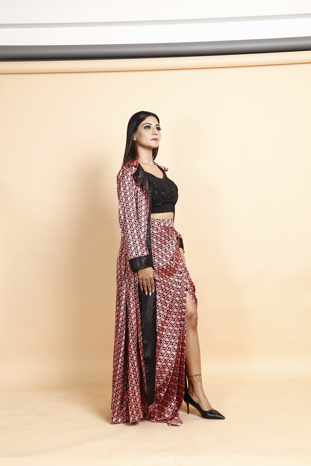 Designer Black Sequin Crop Top with Printed Wrap Skirt & Dupatta