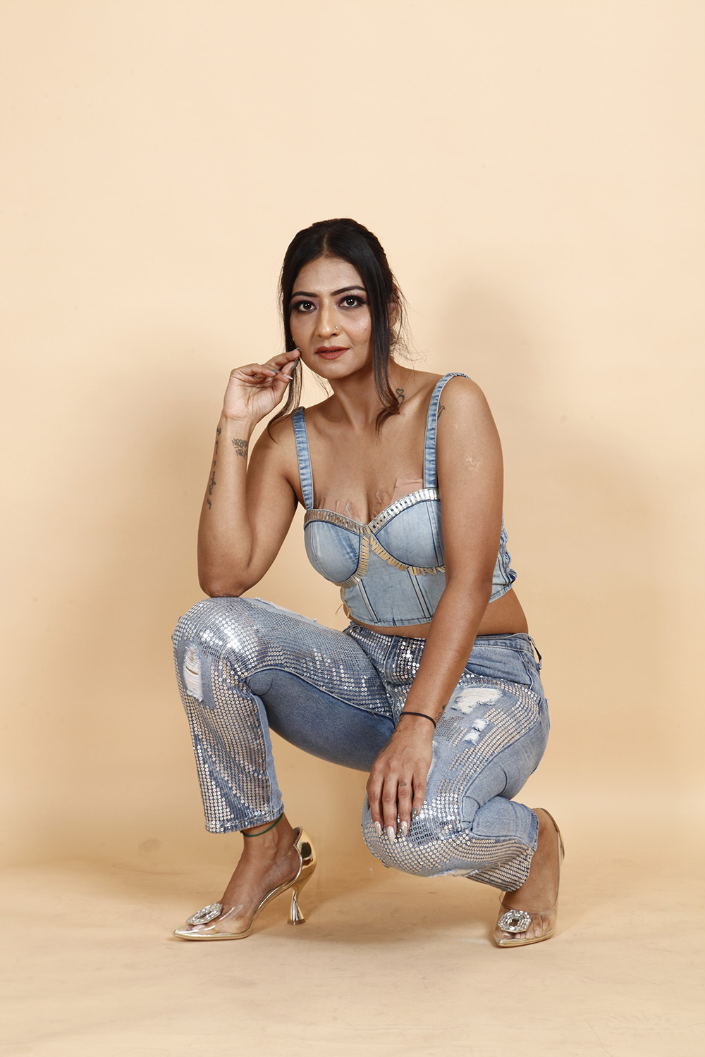 Denim Bustier Top with Sequined Ripped Jeans & Long Shrug
