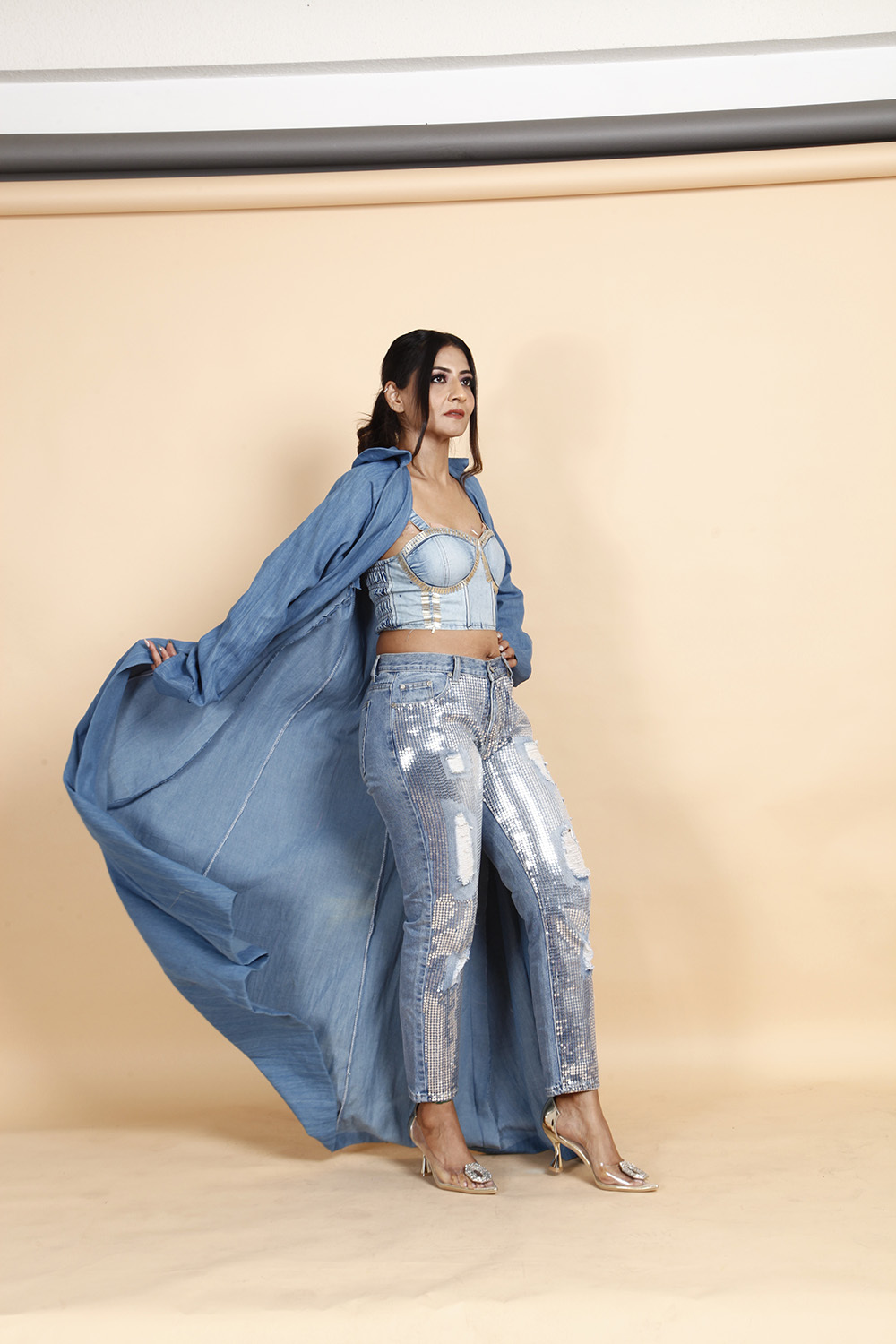 Denim Bustier Top with Sequined Ripped Jeans & Long Shrug