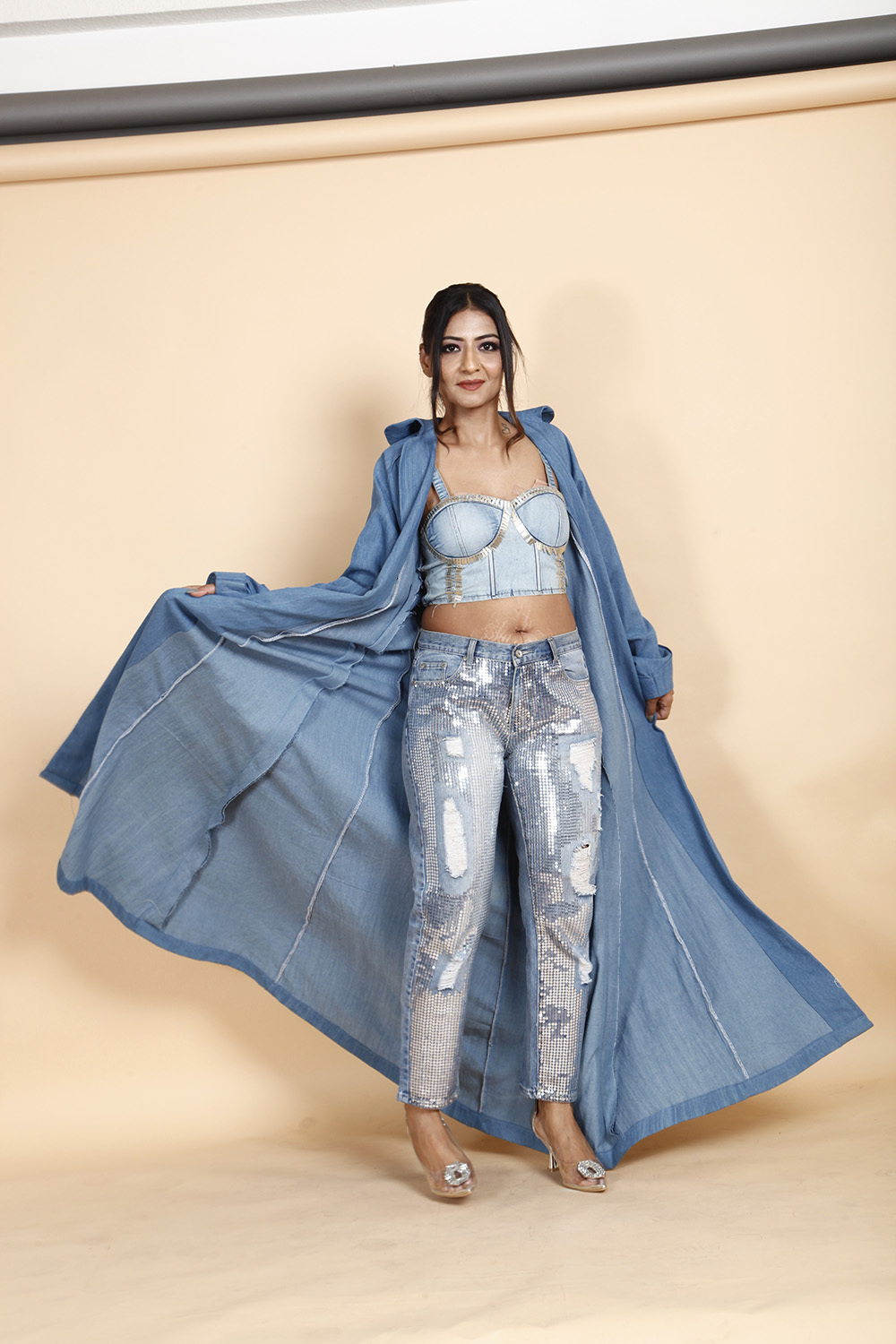 Denim Bustier Top with Sequined Ripped Jeans & Long Shrug