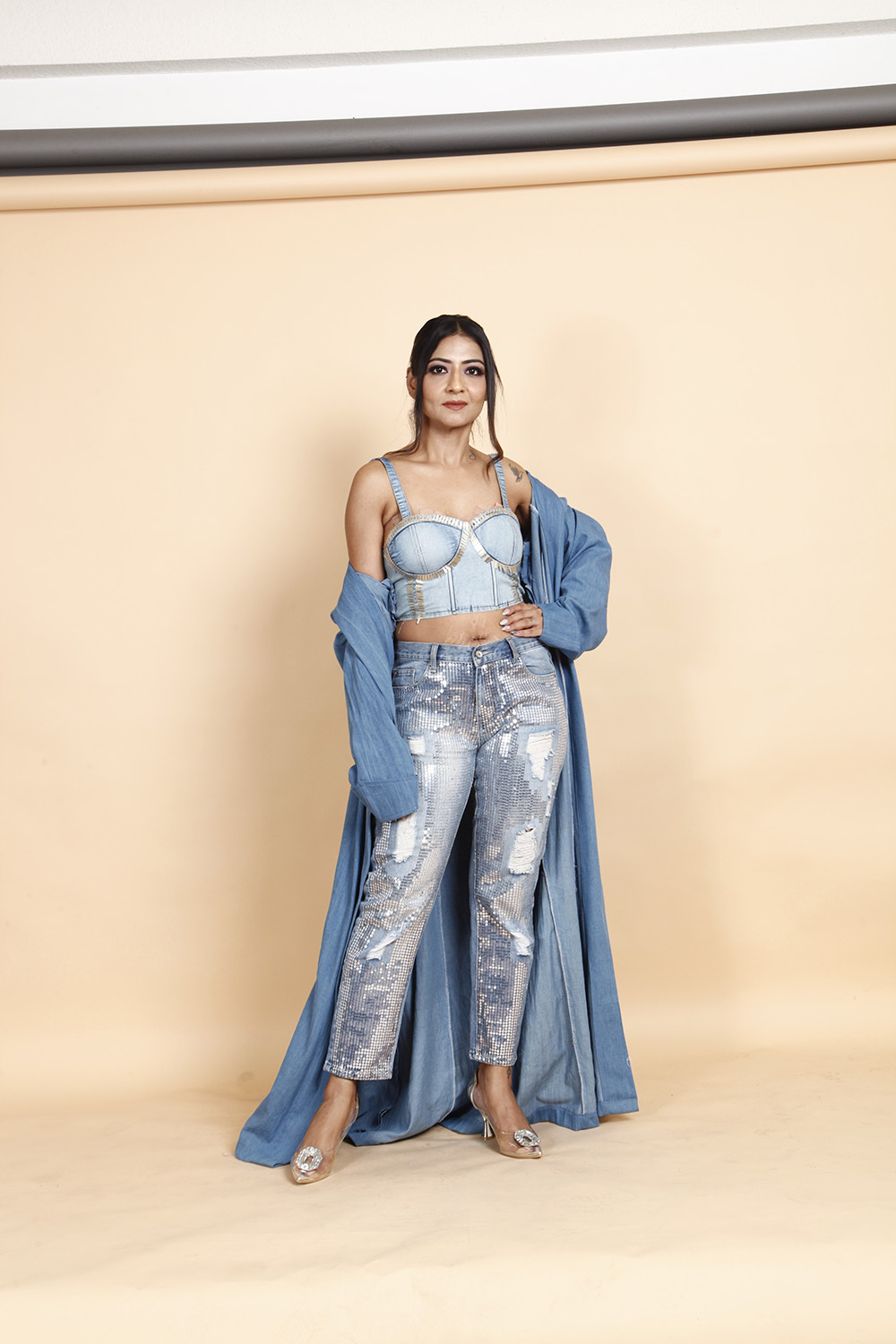 Denim Bustier Top with Sequined Ripped Jeans & Long Shrug
