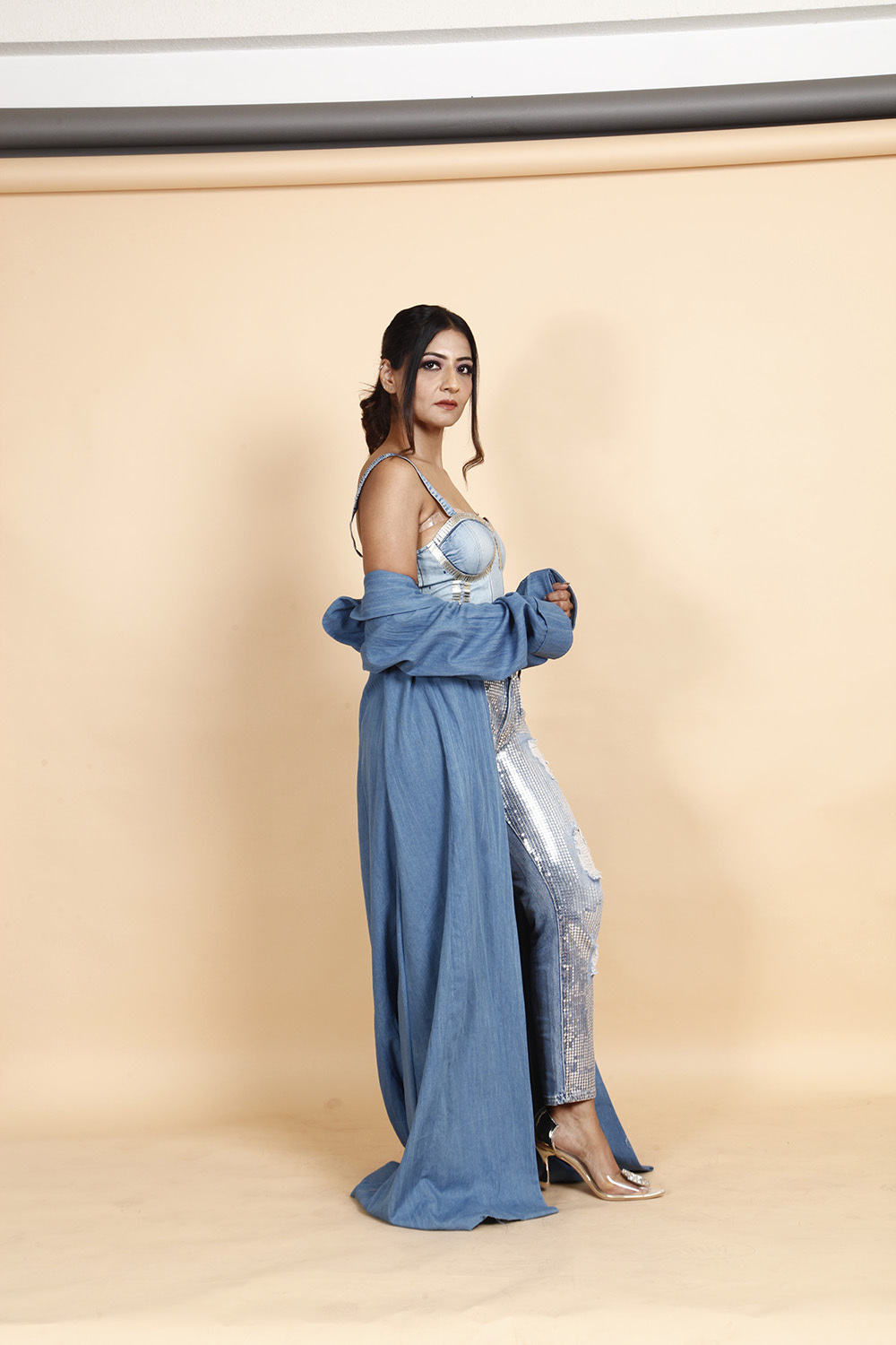 Denim Bustier Top with Sequined Ripped Jeans & Long Shrug