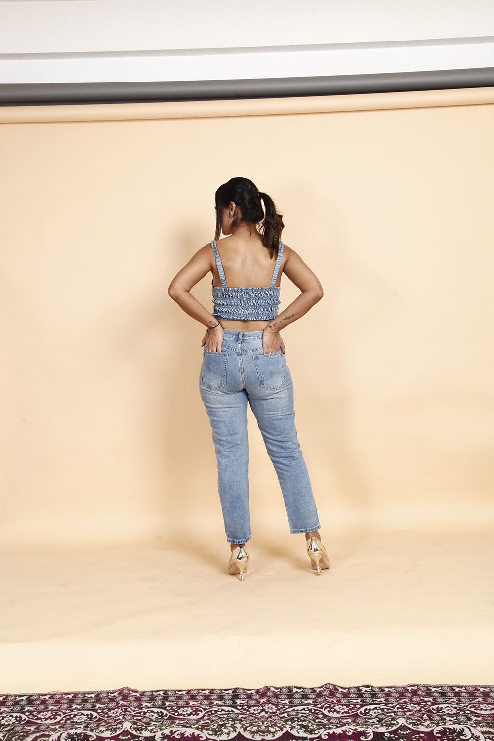 Denim Bustier Top with Sequined Ripped Jeans & Long Shrug