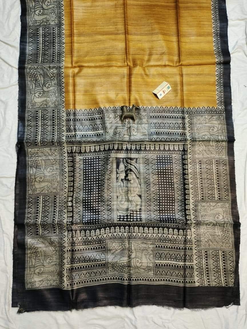 Pure Handloom Tassar Gecha Silk Madhubani Print Saree