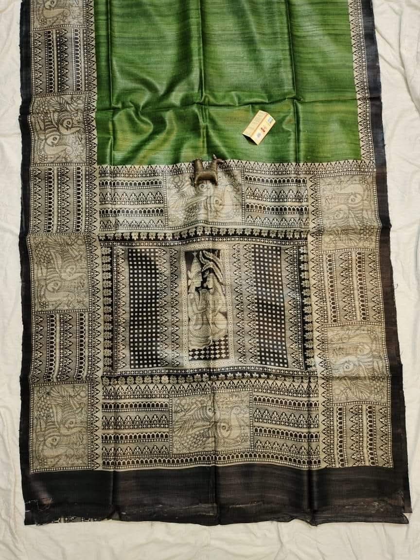 Pure Handloom Tassar Gecha Silk Madhubani Print Saree