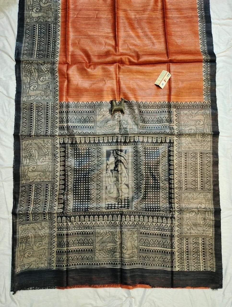 Pure Handloom Tassar Gecha Silk Madhubani Print Saree