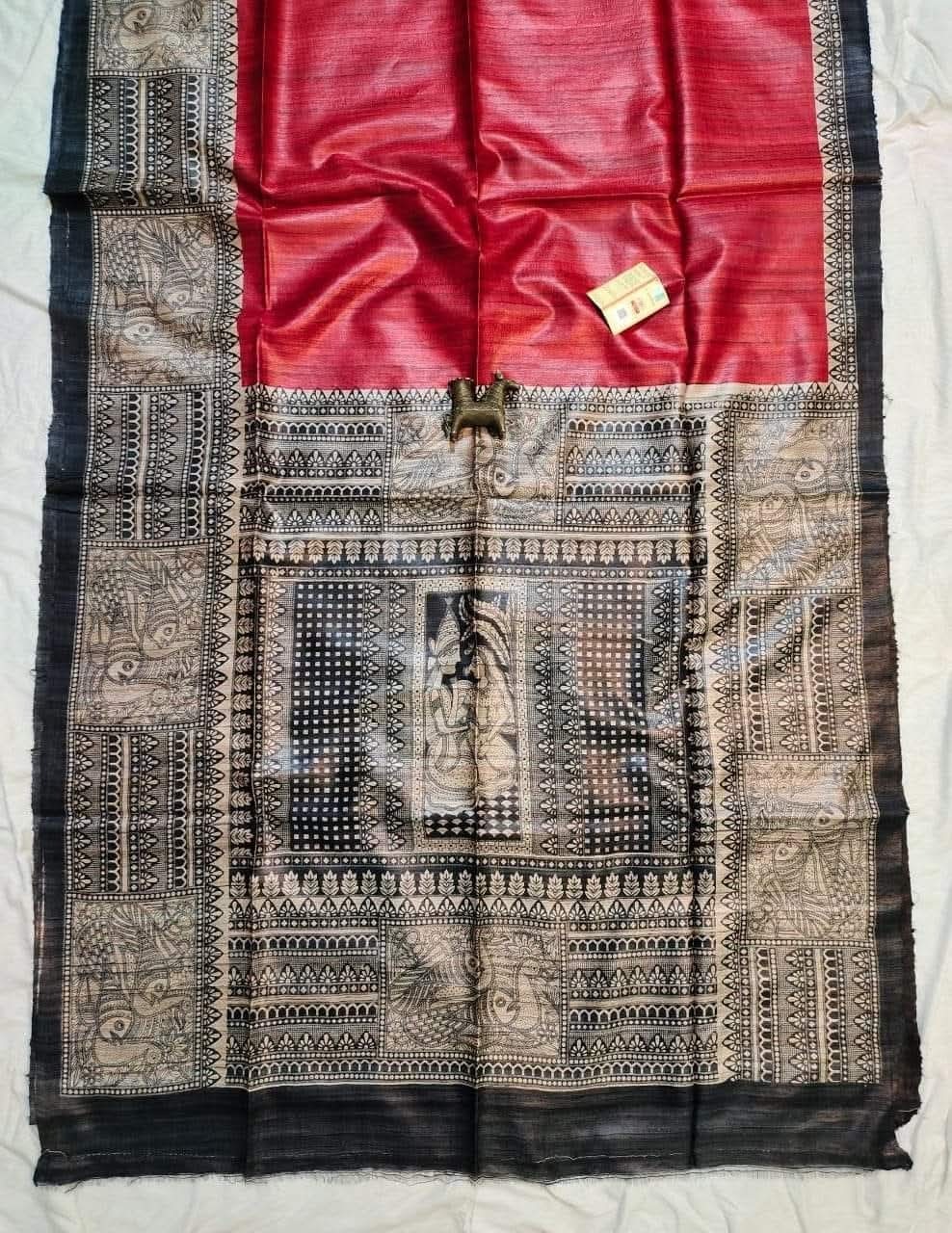 Pure Handloom Tassar Gecha Silk Madhubani Print Saree