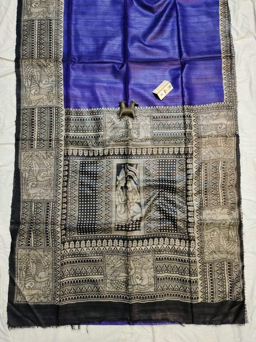 Pure Handloom Tassar Gecha Silk Madhubani Print Saree