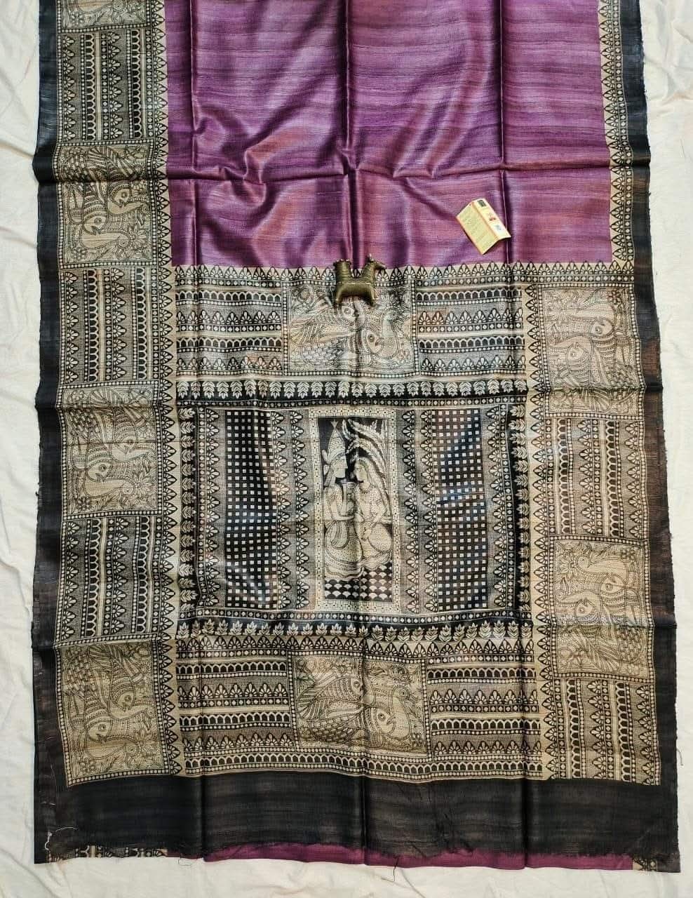 Pure Handloom Tassar Gecha Silk Madhubani Print Saree