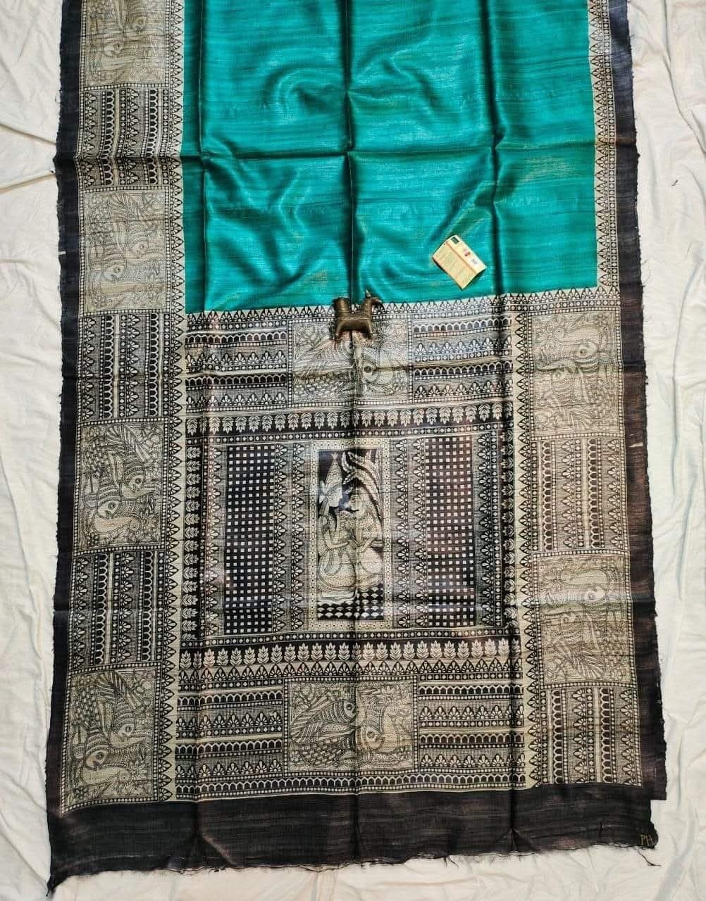 Pure Handloom Tassar Gecha Silk Madhubani Print Saree