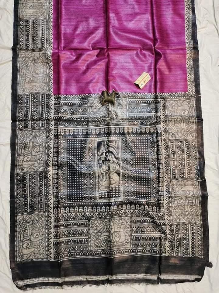 Pure Handloom Tassar Gecha Silk Madhubani Print Saree
