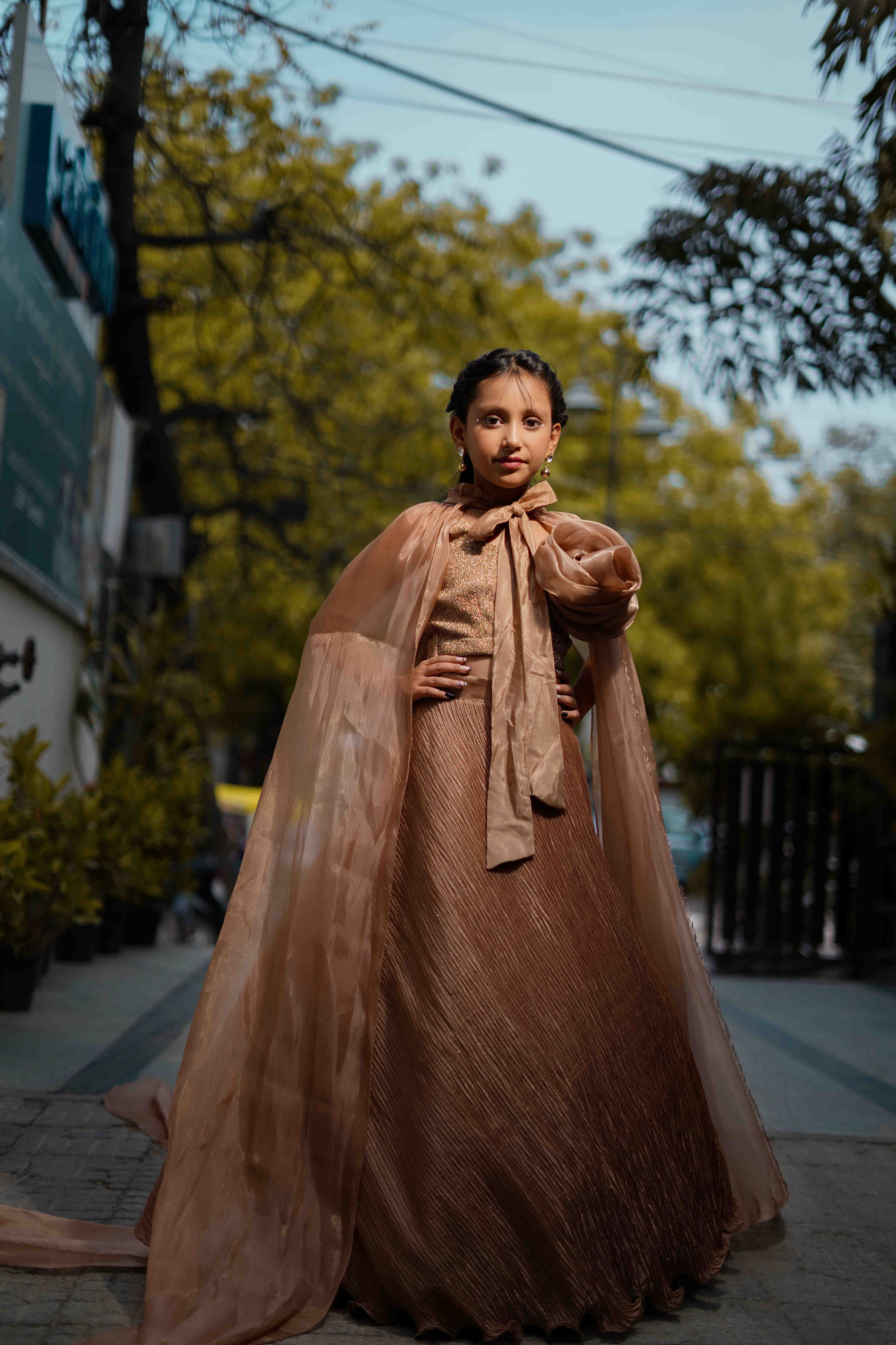 Designer Golden Beige Party Gown for Girls