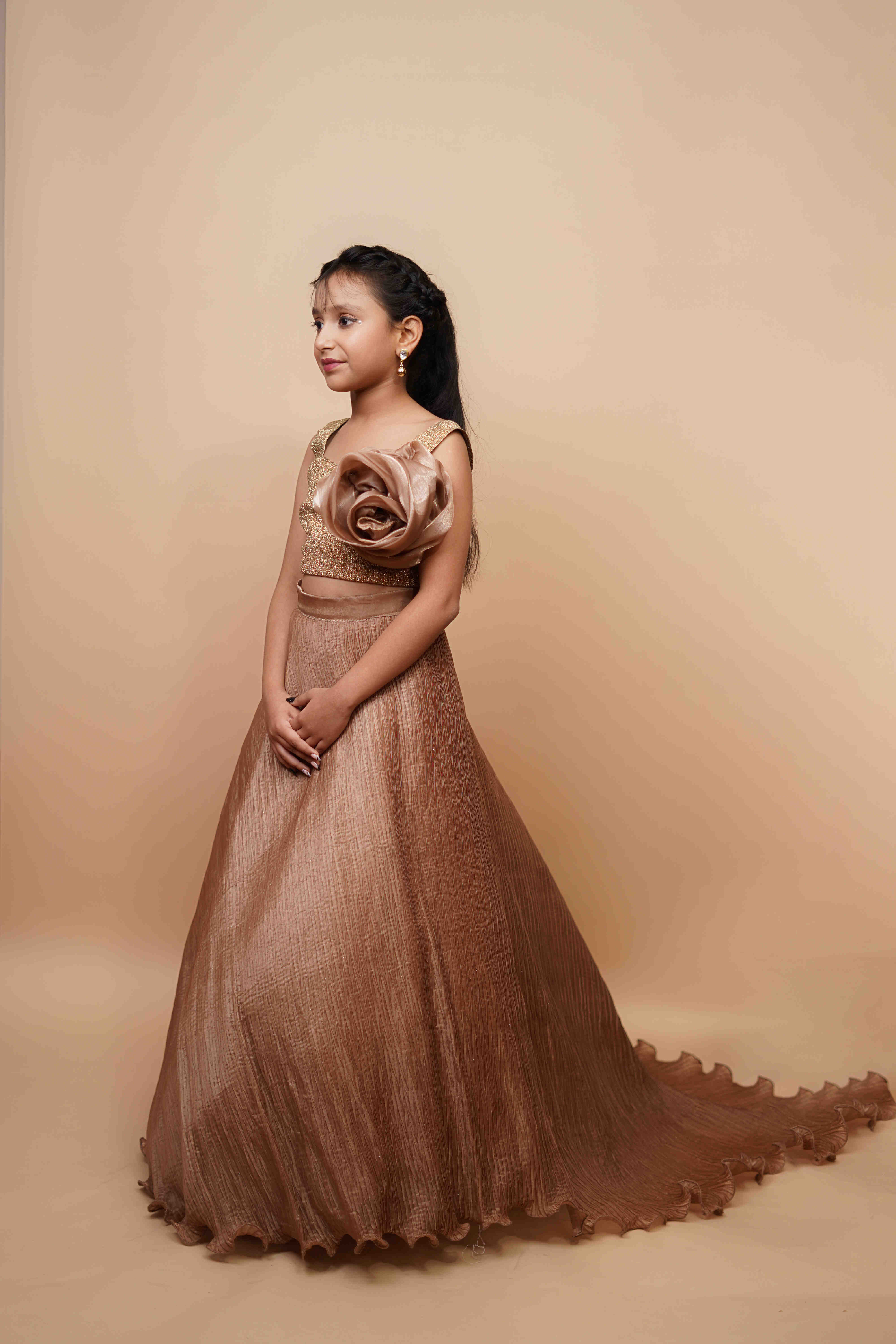 Designer Golden Beige Party Gown for Girls