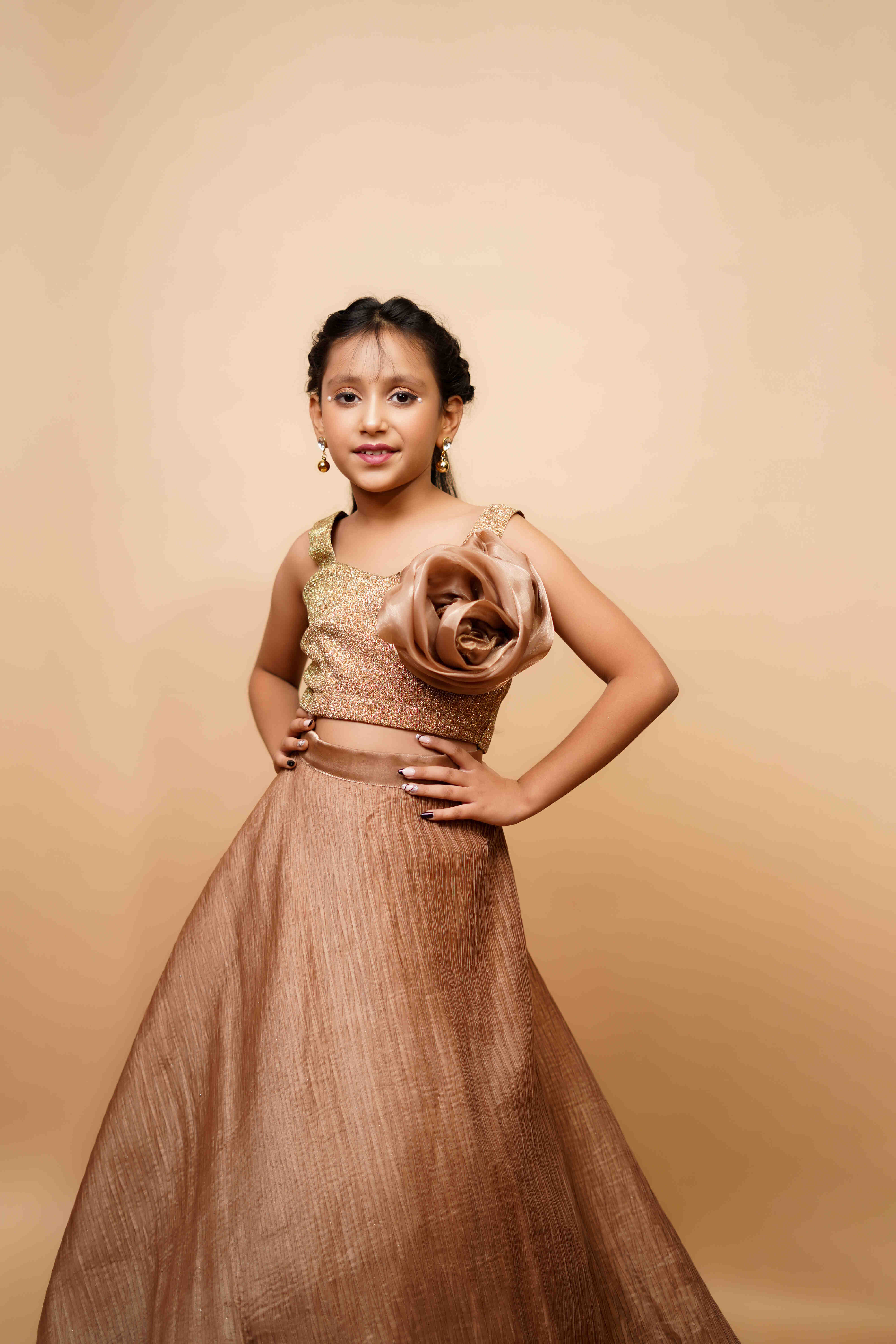 Designer Golden Beige Party Gown for Girls