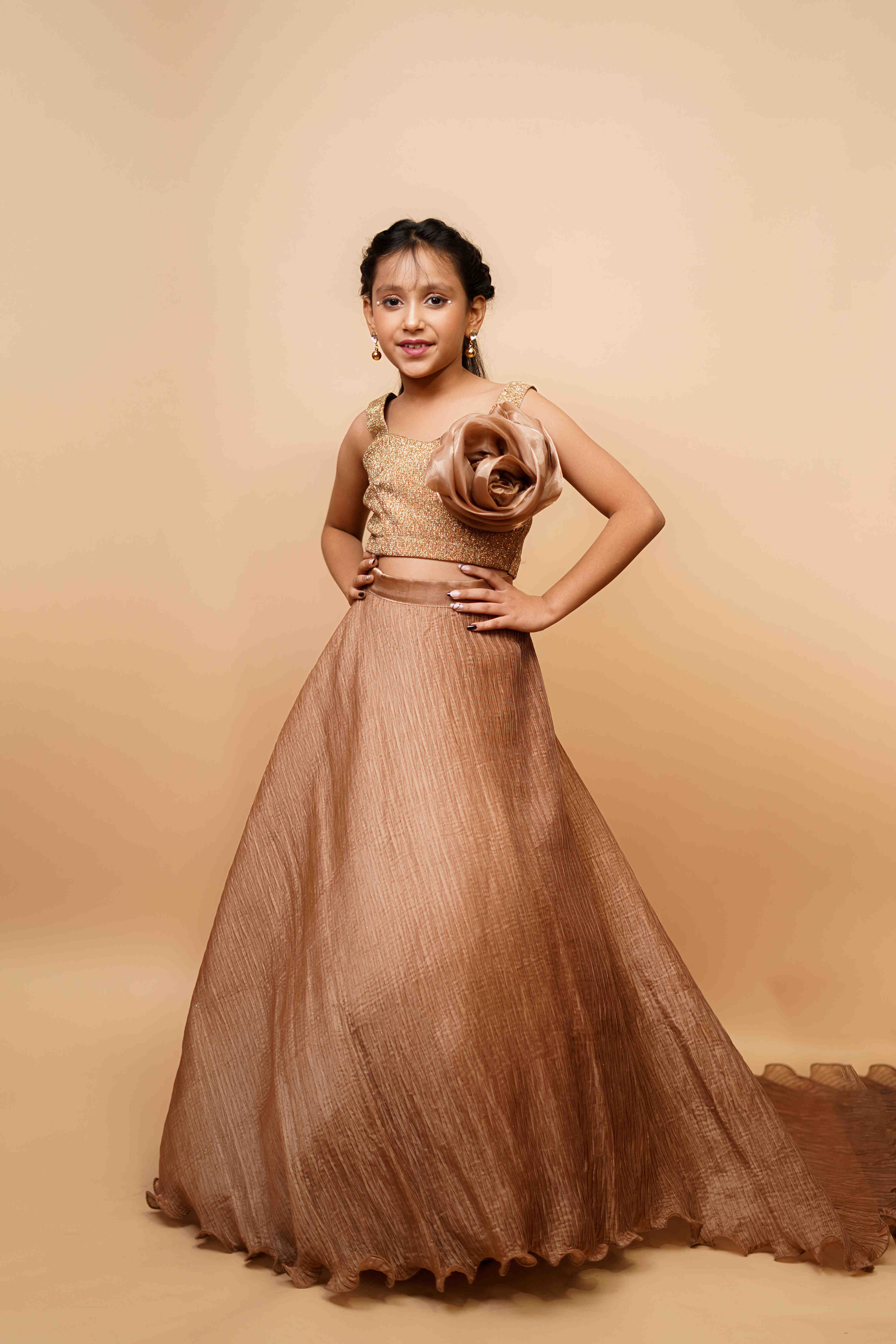 Designer Golden Beige Party Gown for Girls