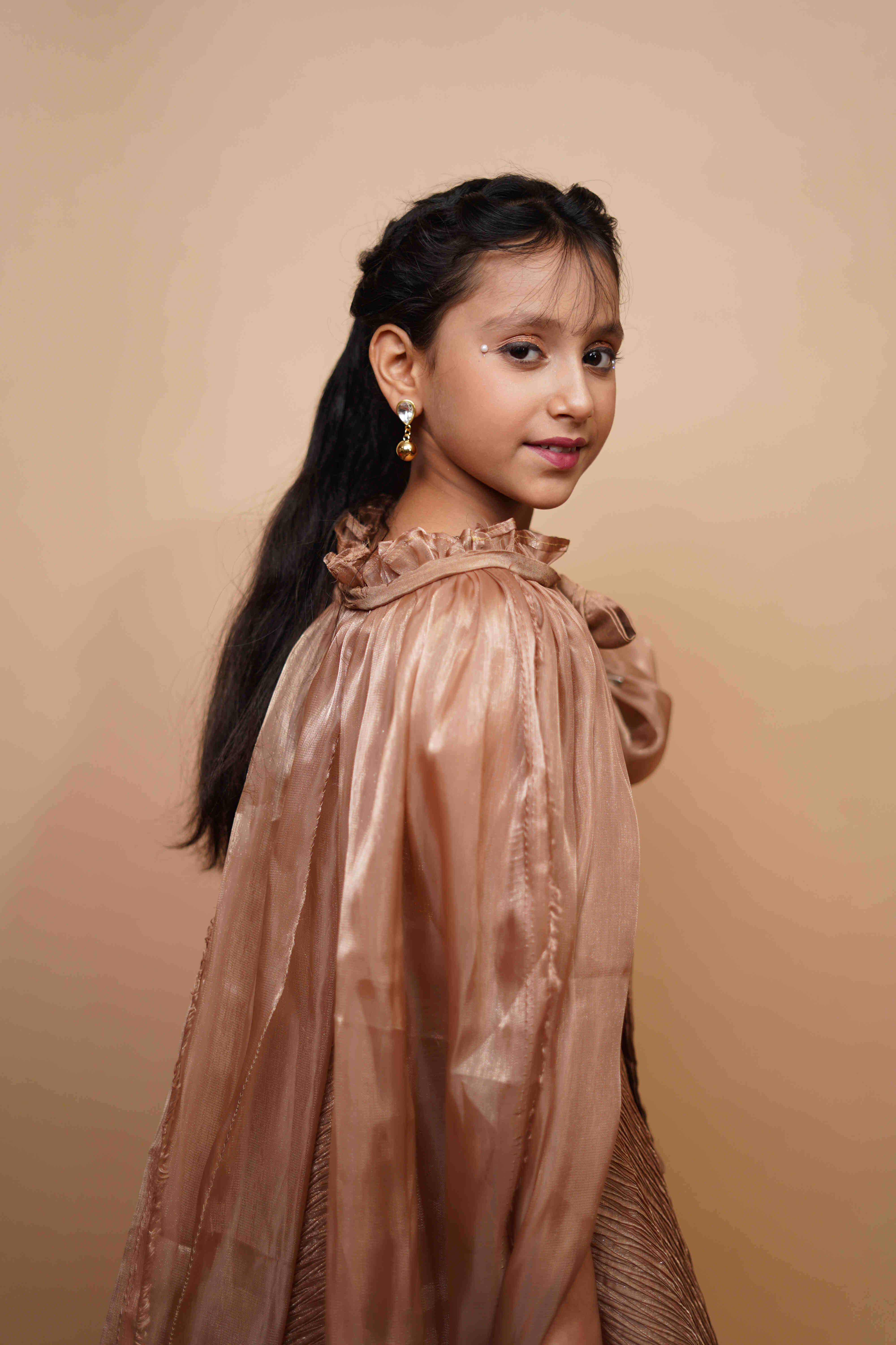 Designer Golden Beige Party Gown for Girls
