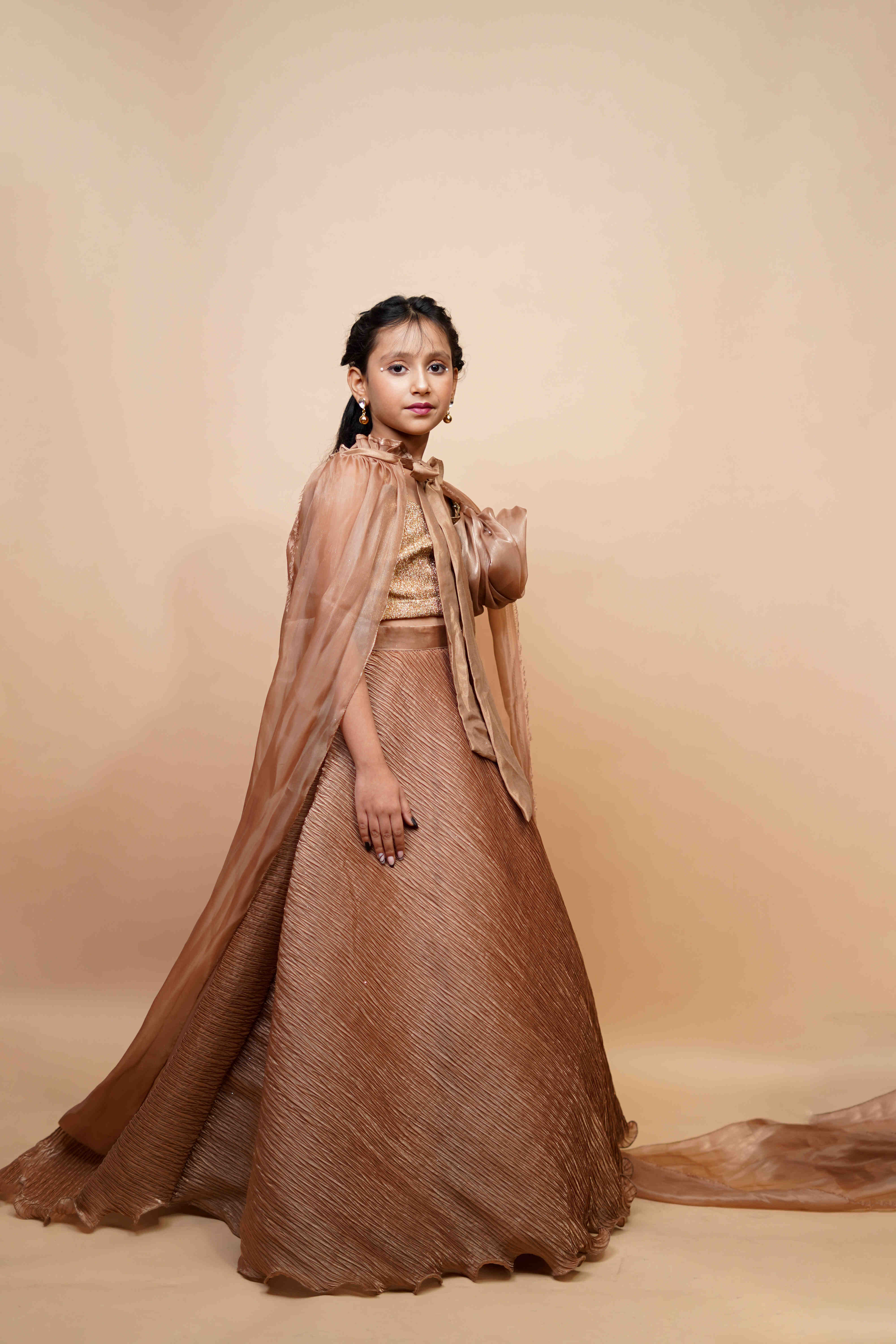 Designer Golden Beige Party Gown for Girls