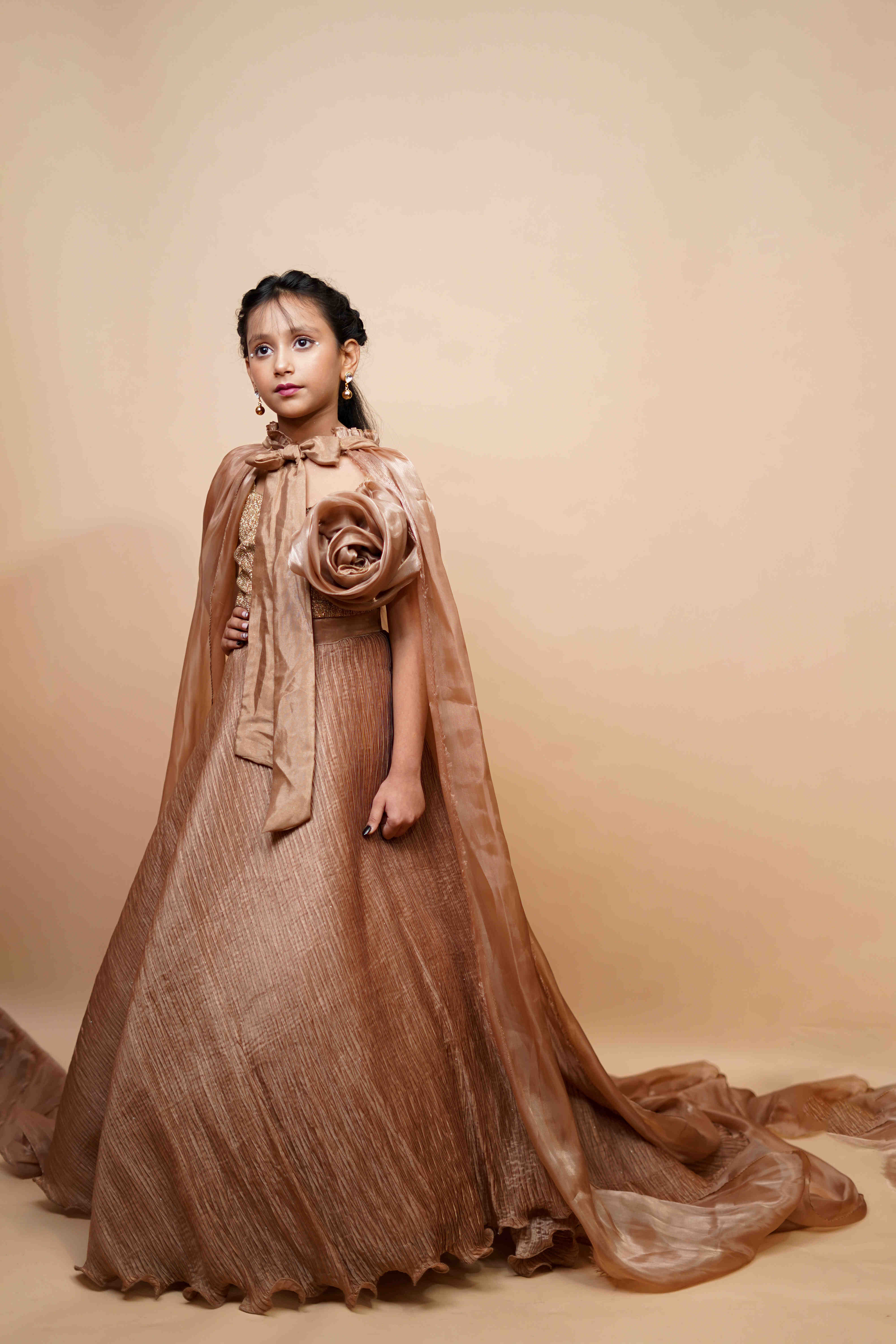Designer Golden Beige Party Gown for Girls