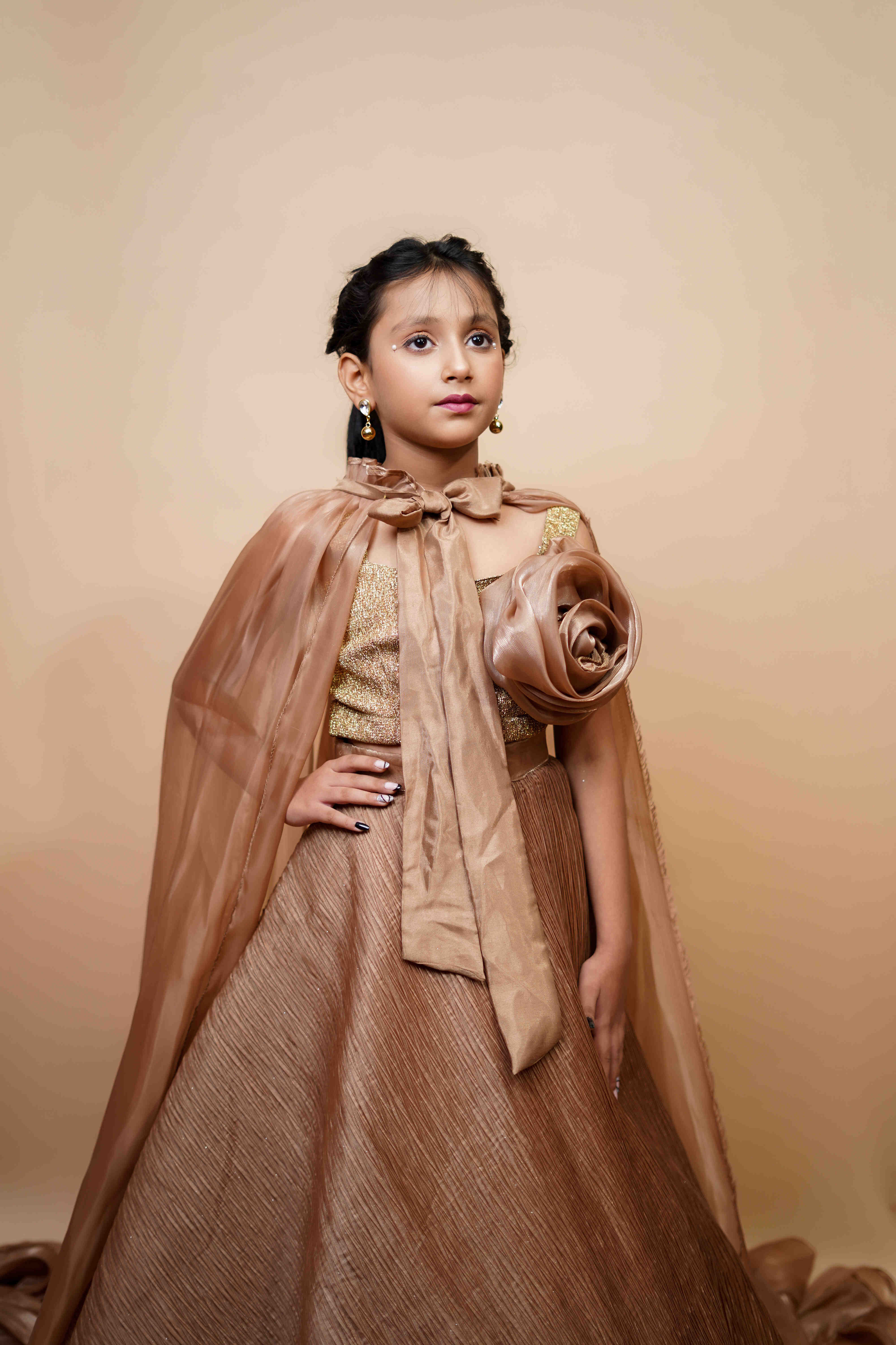Designer Golden Beige Party Gown for Girls