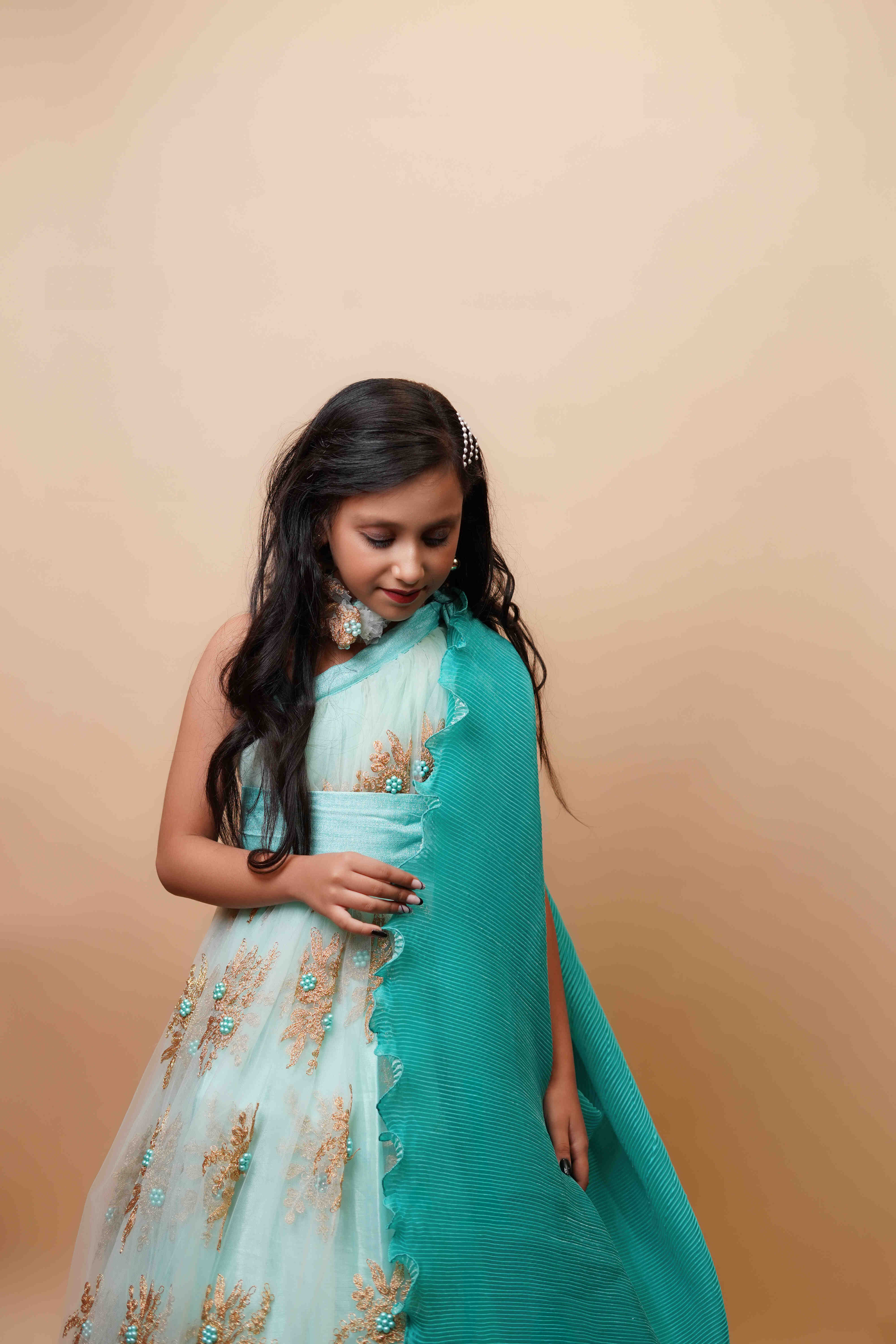 Teal Embroidered Girls Lehenga Gown with Cape