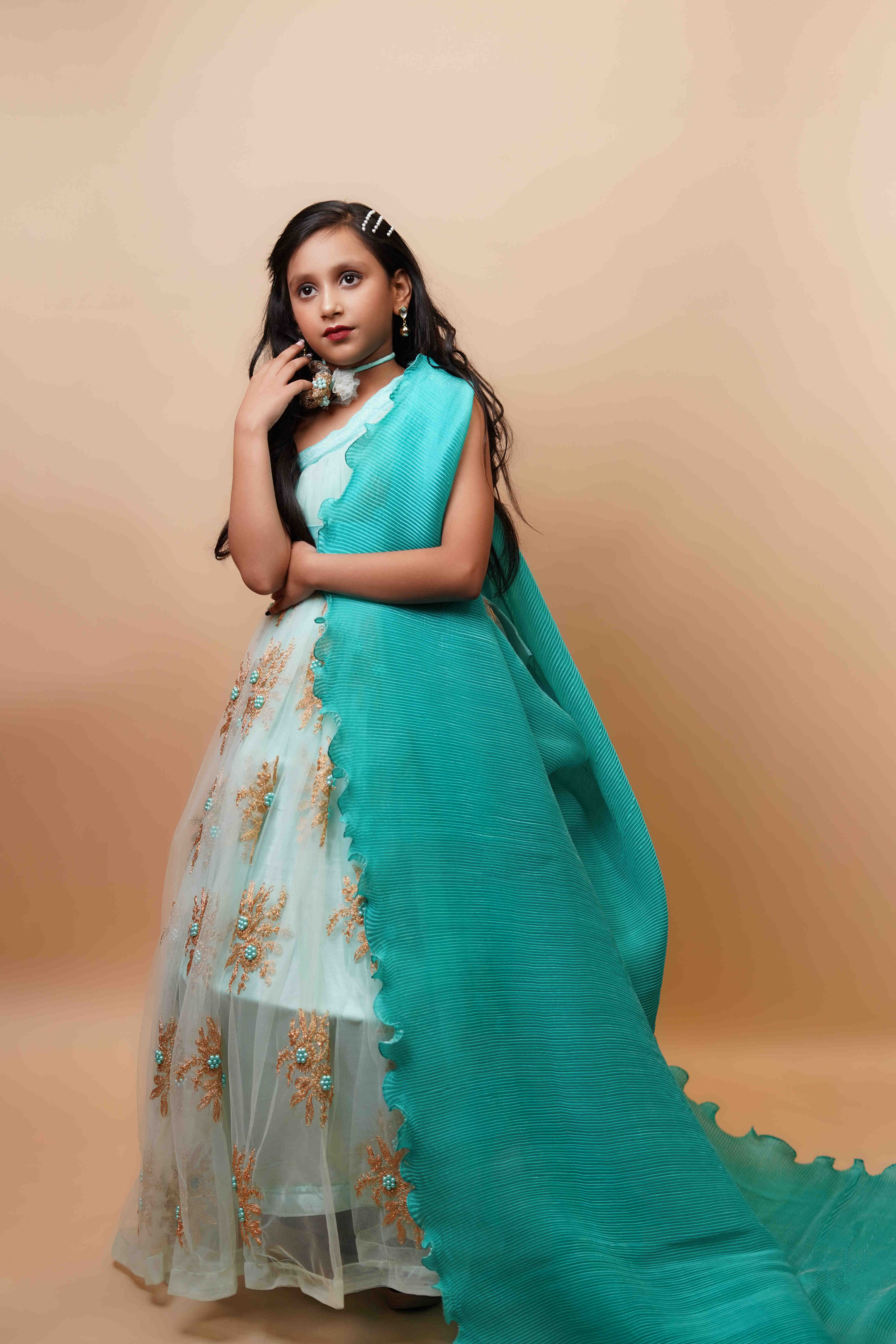 Teal Embroidered Girls Lehenga Gown with Cape