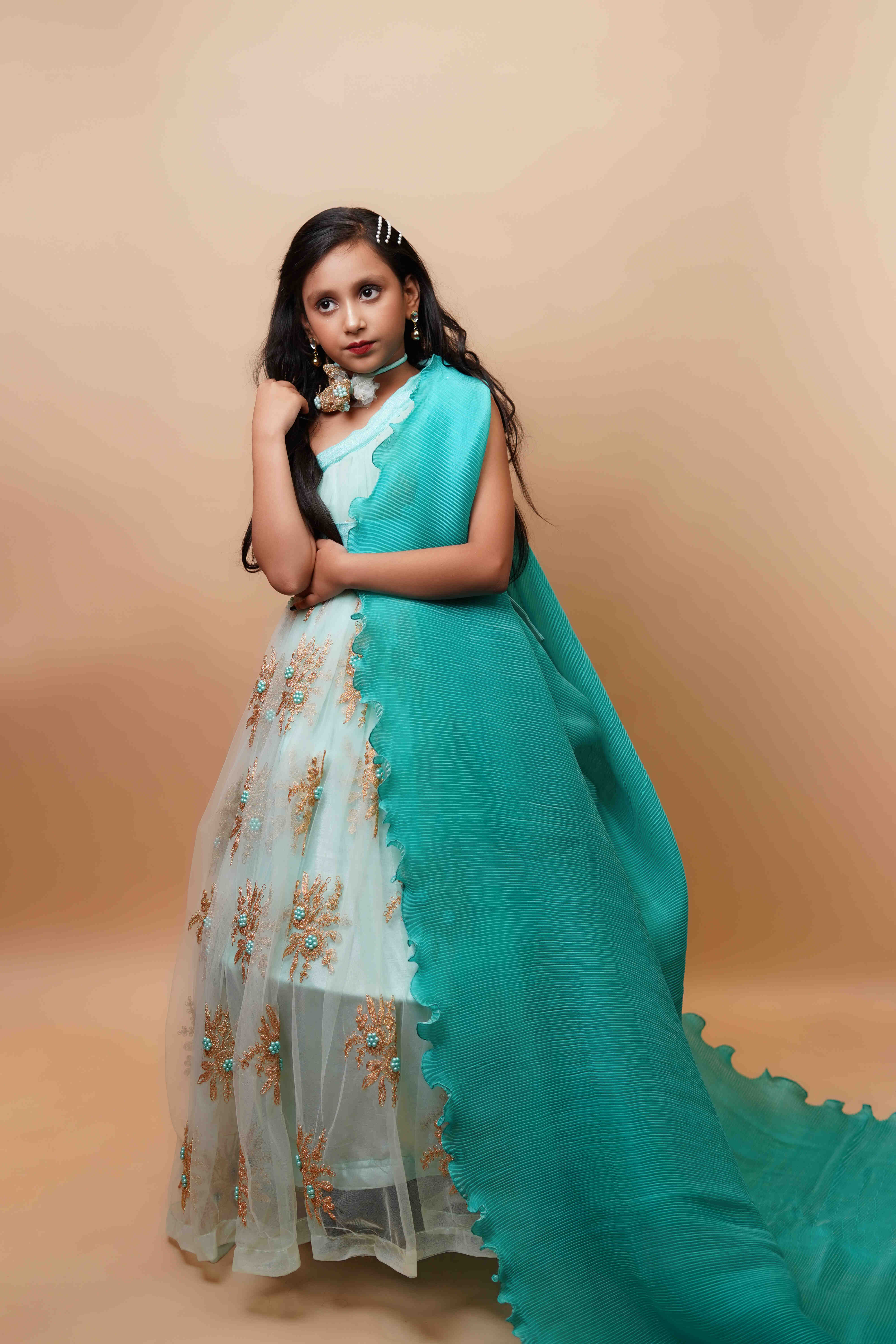 Teal Embroidered Girls Lehenga Gown with Cape