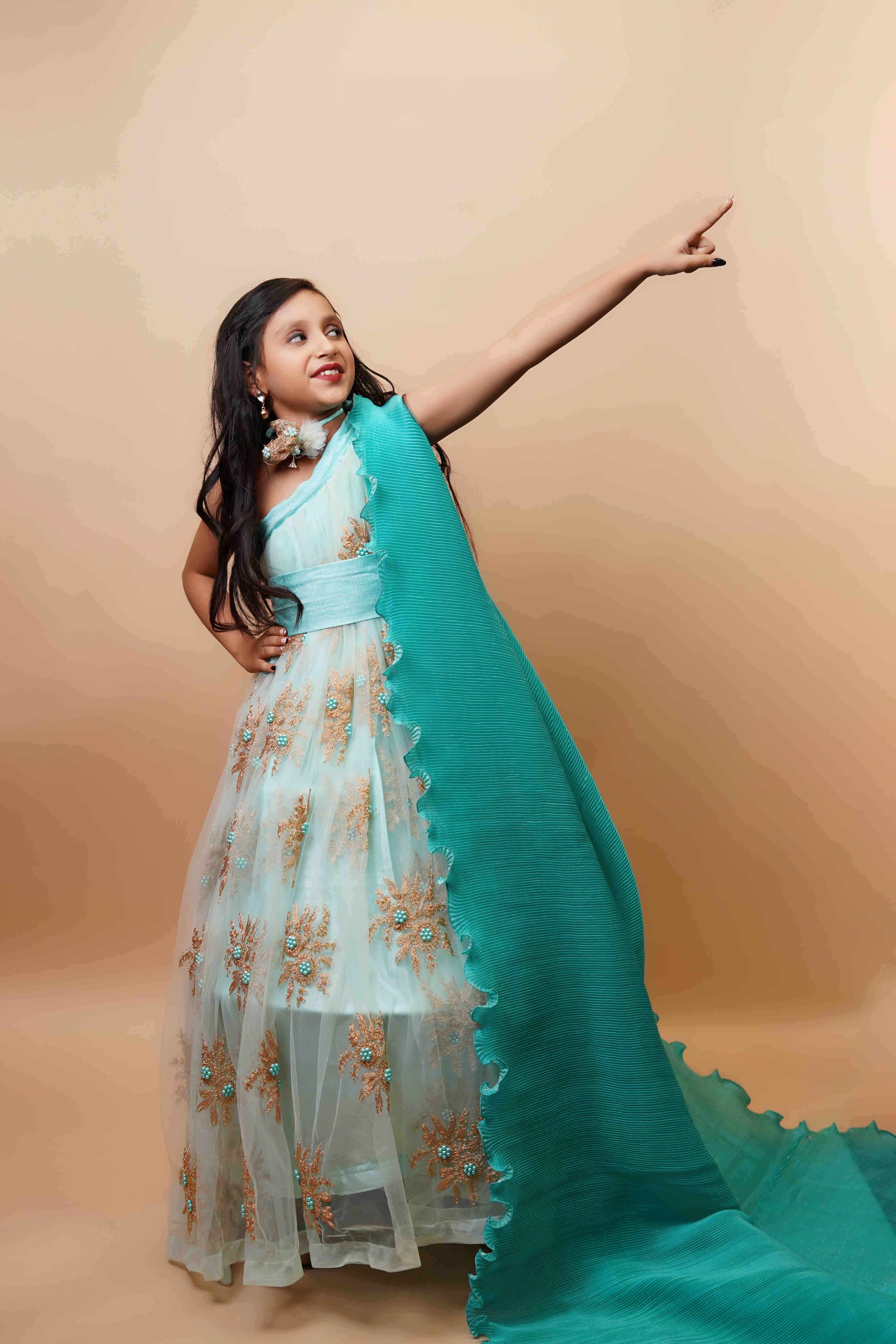 Teal Embroidered Girls Lehenga Gown with Cape