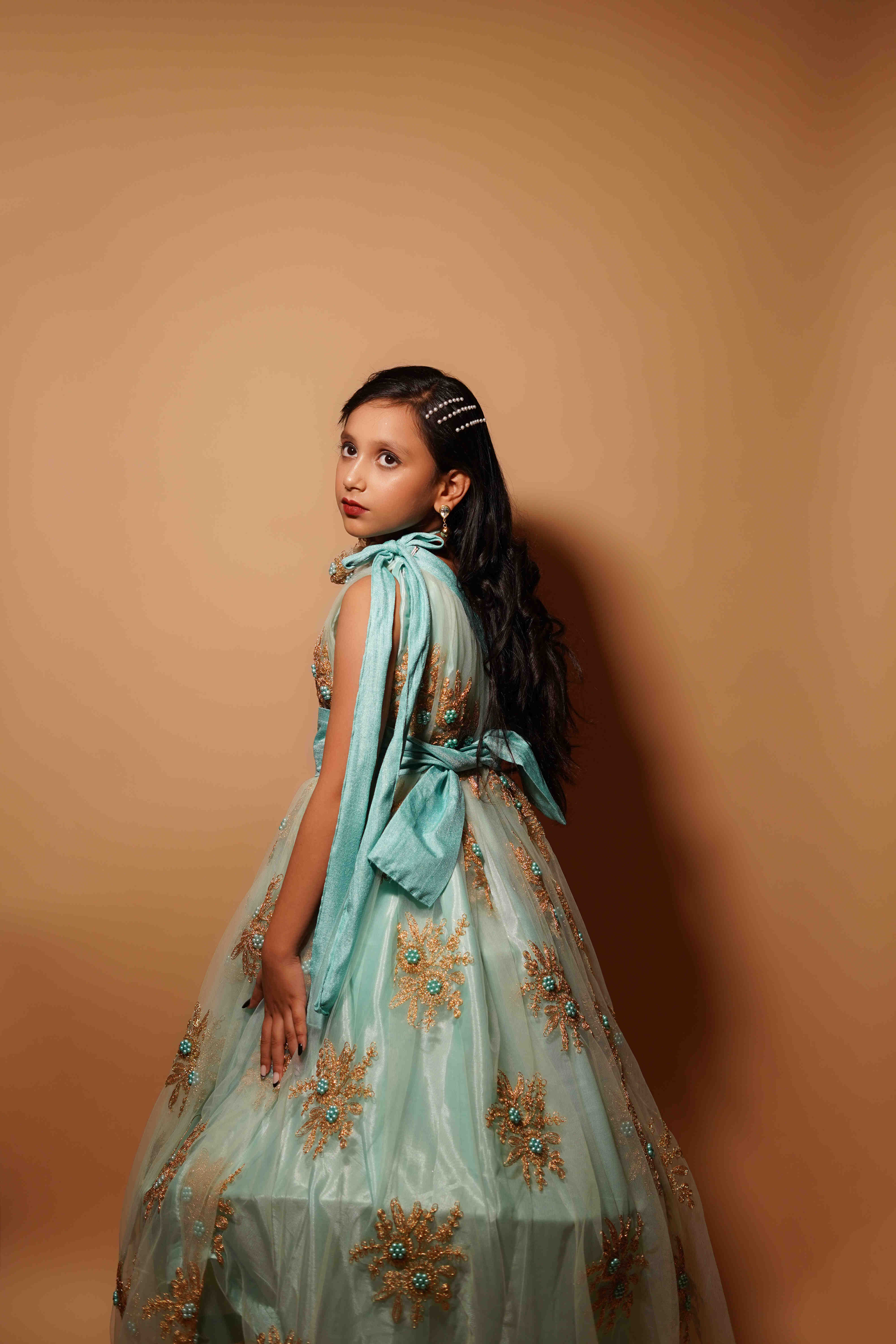 Girls Party Wear One-Shoulder Gown � Aqua Blue & Golden Embroidery