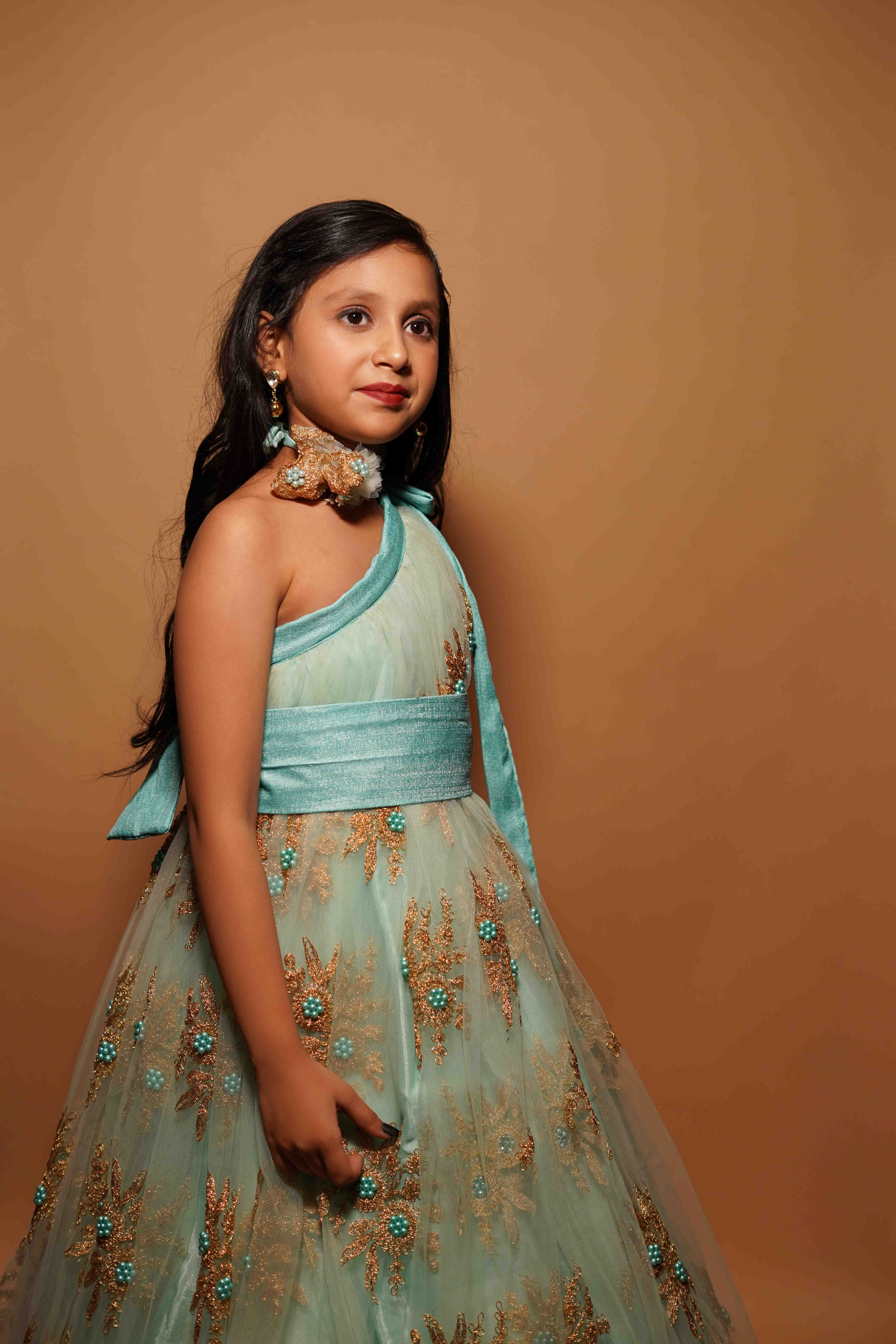 Girls Party Wear One-Shoulder Gown � Aqua Blue & Golden Embroidery
