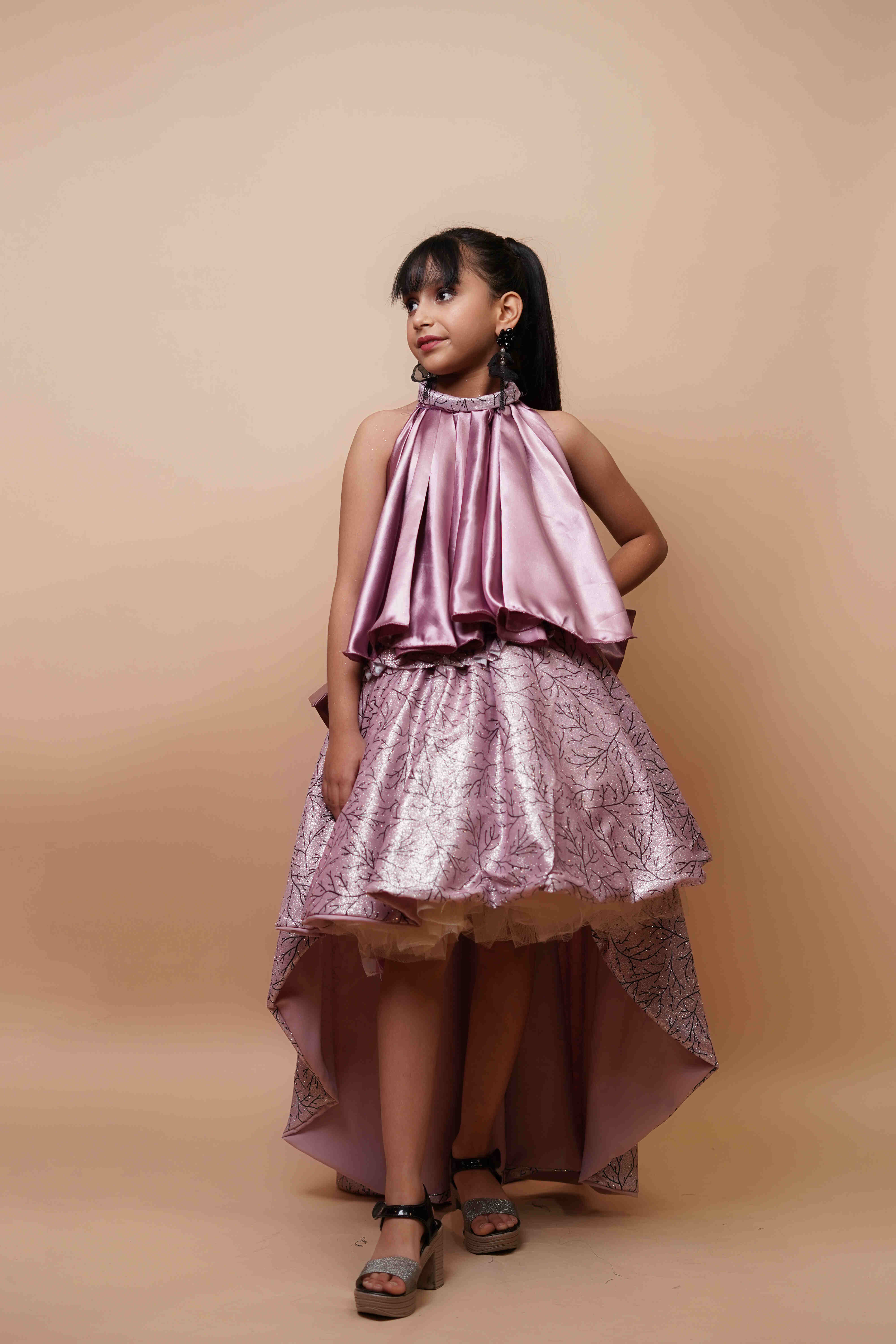 Girls Designer High-Low Party Dress � Metallic Lilac Satin Finish