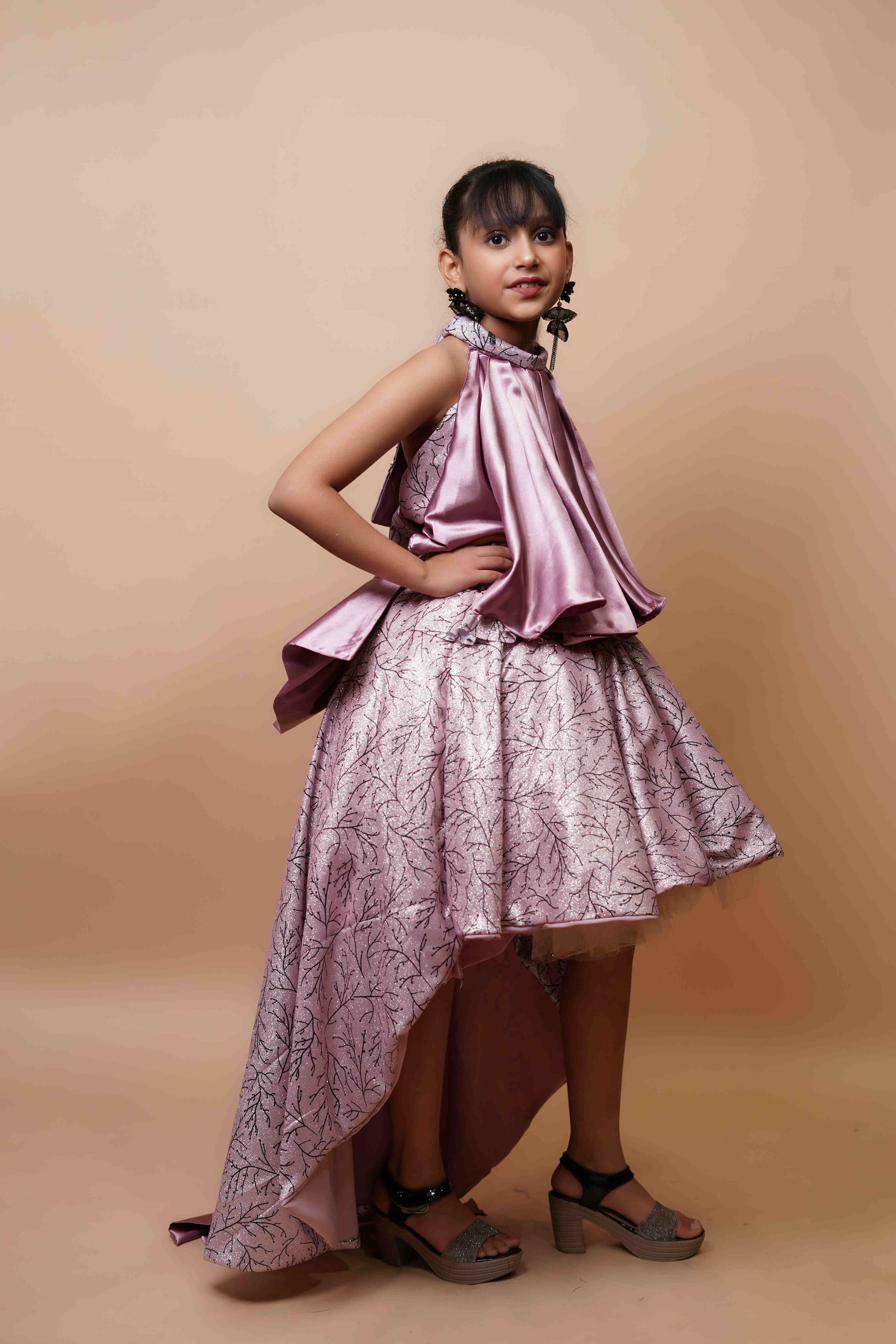 Girls Designer High-Low Party Dress � Metallic Lilac Satin Finish