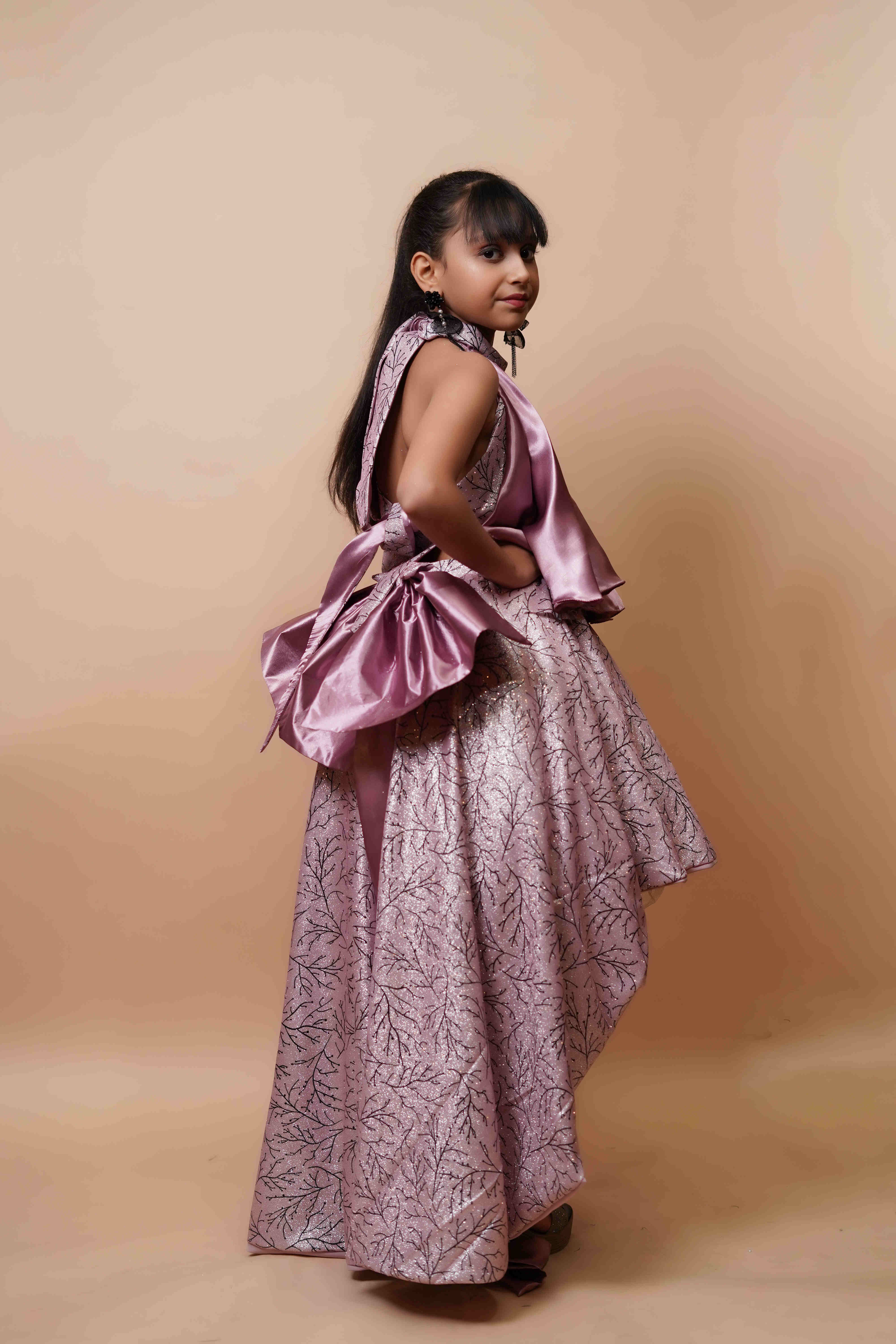 Girls Designer High-Low Party Dress � Metallic Lilac Satin Finish