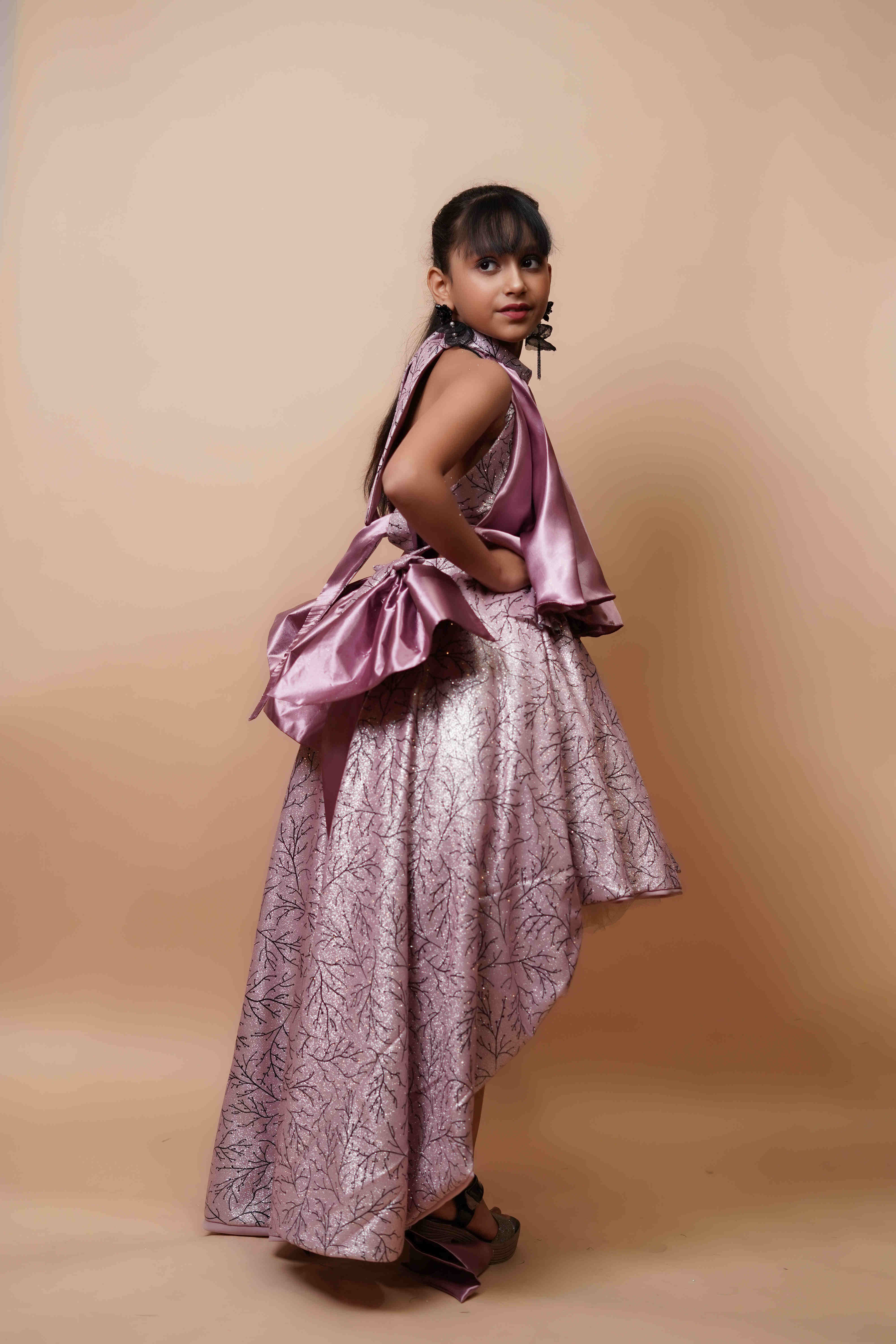 Girls Designer High-Low Party Dress � Metallic Lilac Satin Finish