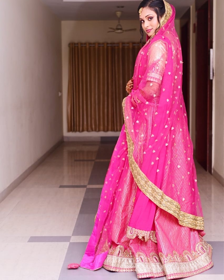 Bridal Pink & Golden Embroidered Silk Lehenga Choli with Dupatta