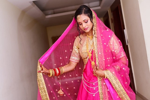 Bridal Pink & Golden Embroidered Silk Lehenga Choli with Dupatta