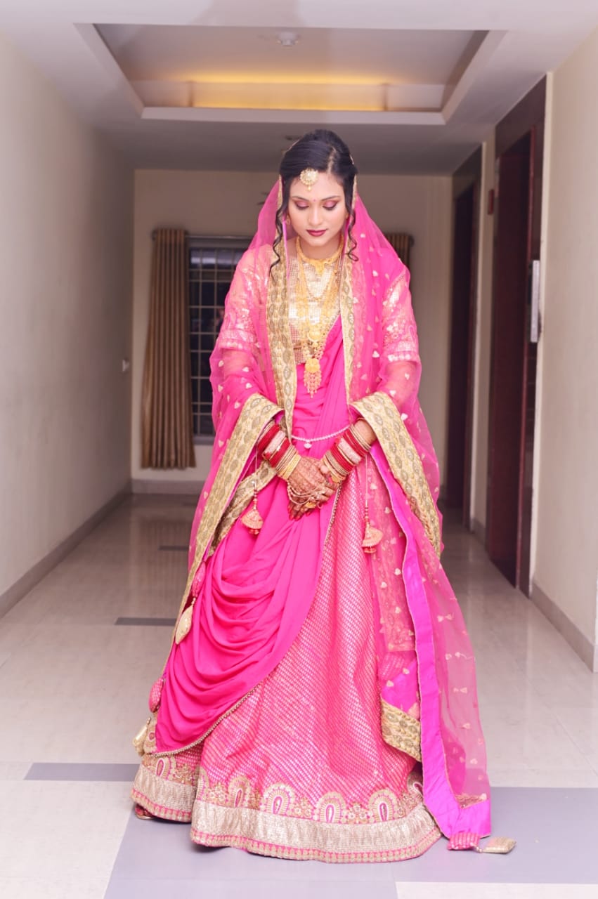 Bridal Pink & Golden Embroidered Silk Lehenga Choli with Dupatta