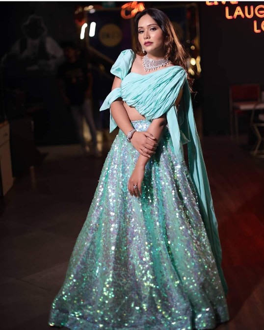 Designer Aqua Blue Sequin Lehenga Choli with Draped Sleeve Blouse