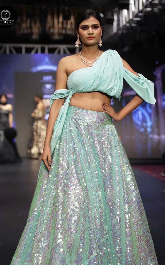 Designer Aqua Blue Sequin Lehenga Choli with Draped Sleeve Blouse