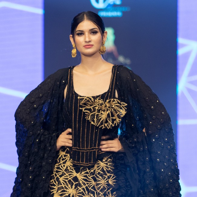 Black & Gold Embroidered Designer Lehenga with Cape Sleeves