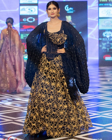 Black & Gold Embroidered Designer Lehenga with Cape Sleeves