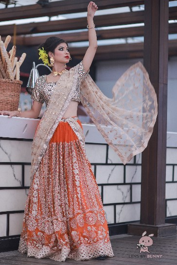 Orange Bridal Lehenga with Heavy Embroidered Dupatta & Silver Blouse