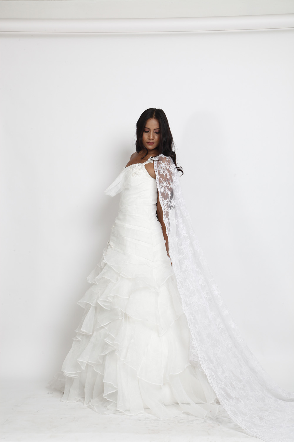 White Strapless Layered Wedding Gown with Floral Embellishments